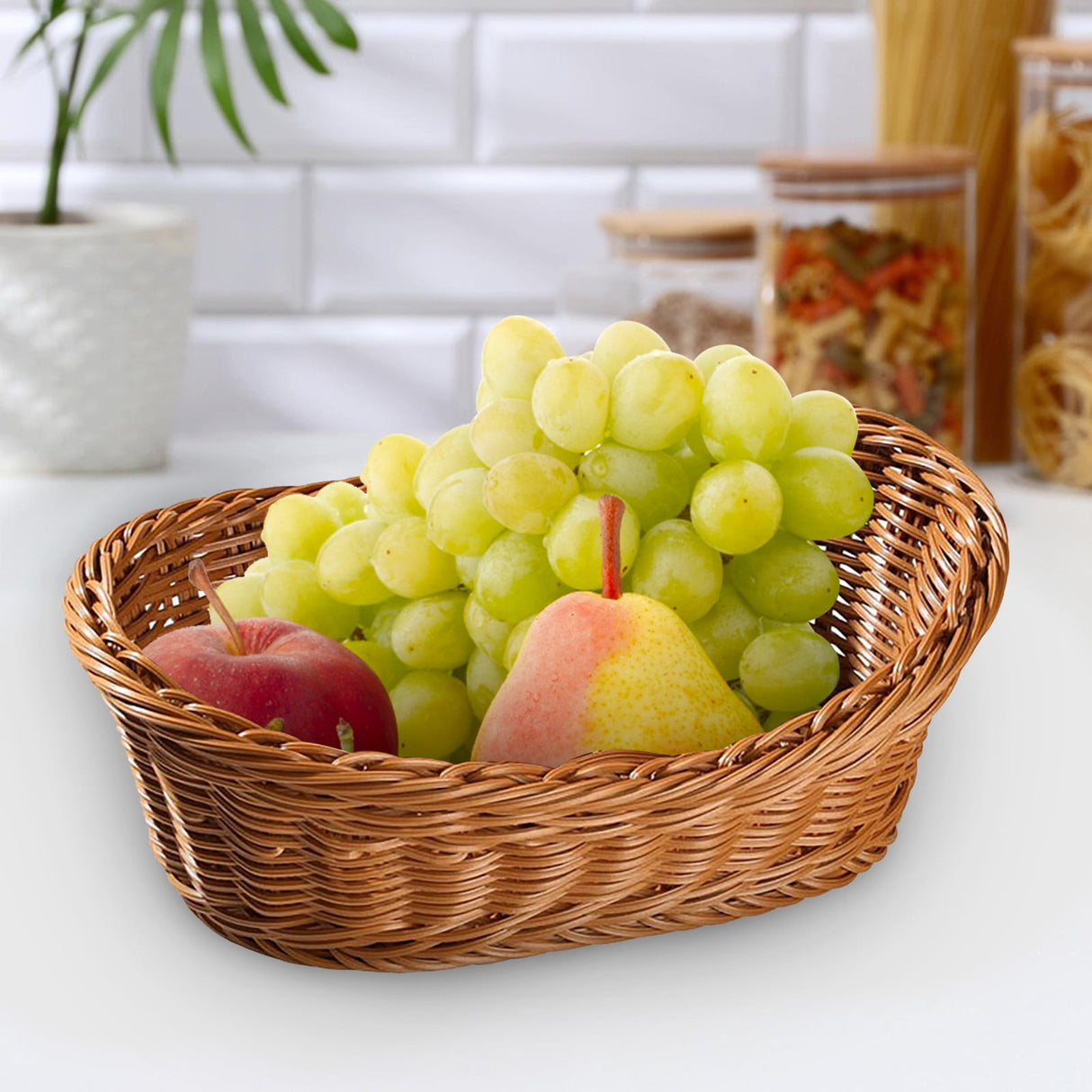 Oval Stackable Plastic Wicker Serving Basket, Imitation Rattan for Bread Fruit Vegetable, Kitchen Restaurant Indoor Outdoor, 19.0 x 13.0 x 7.0 cm, Brown