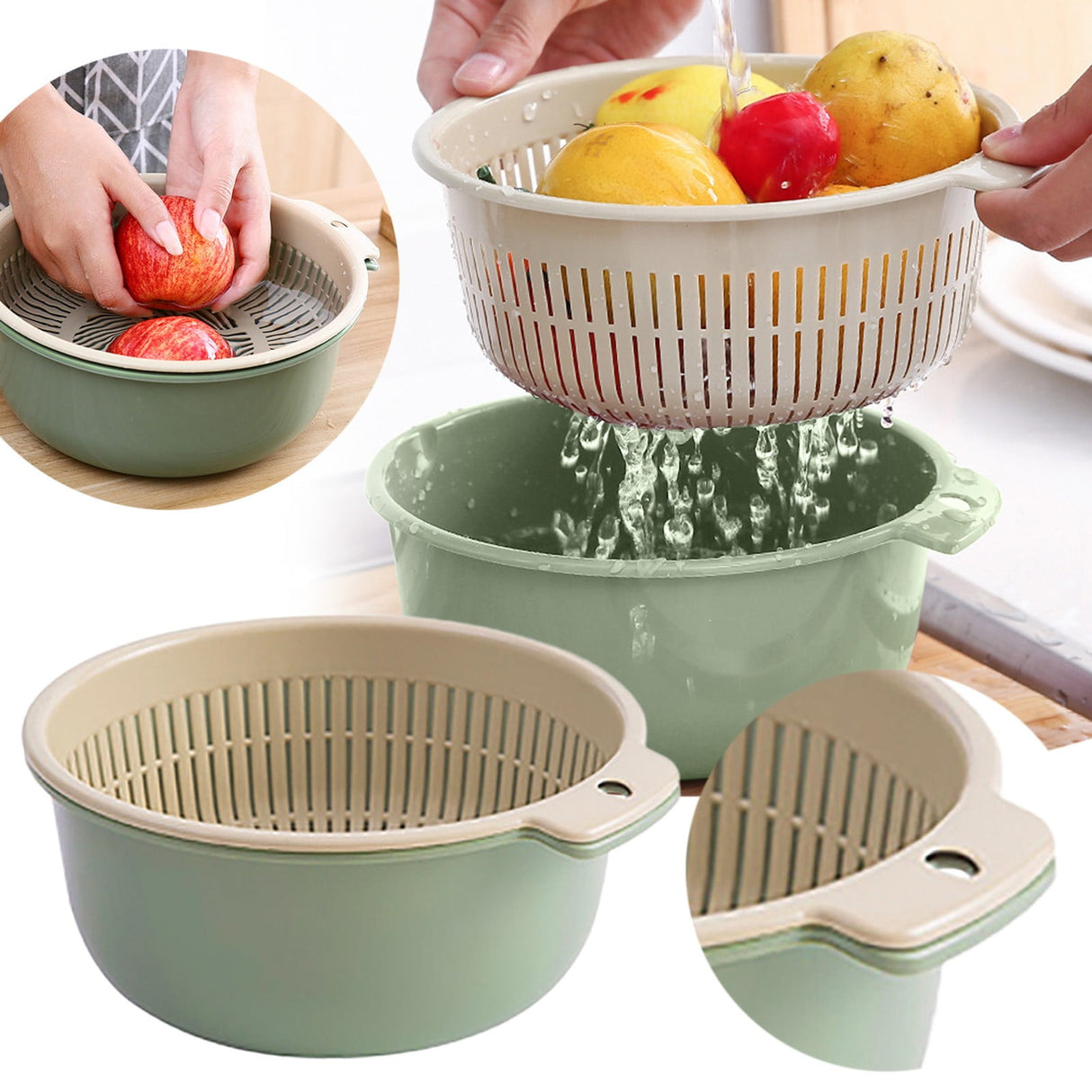 2 in 1 Kitchen Strainer Colander Bowls Set, Thickened Plastic Detachable Double Layer Drainage Basket Fruit Colander Draining Bowl Vegetable Washing Basket for Cleaning Washing, 7.87x3.54 7.87" x 3.54" Green