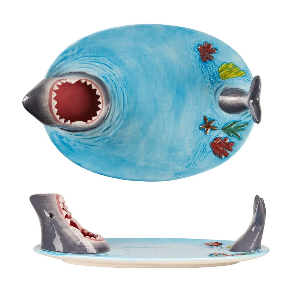 Creative Shark Sushi Plate,Blue Ceramic Shark Plate,Shark Shaped Serving Platter,Food Serving Tray with Dipping Sauce Bowl,Gifts for Shark Party Lovers,Microwave/Oven/Dishwasher Safe Sushi Dishes A