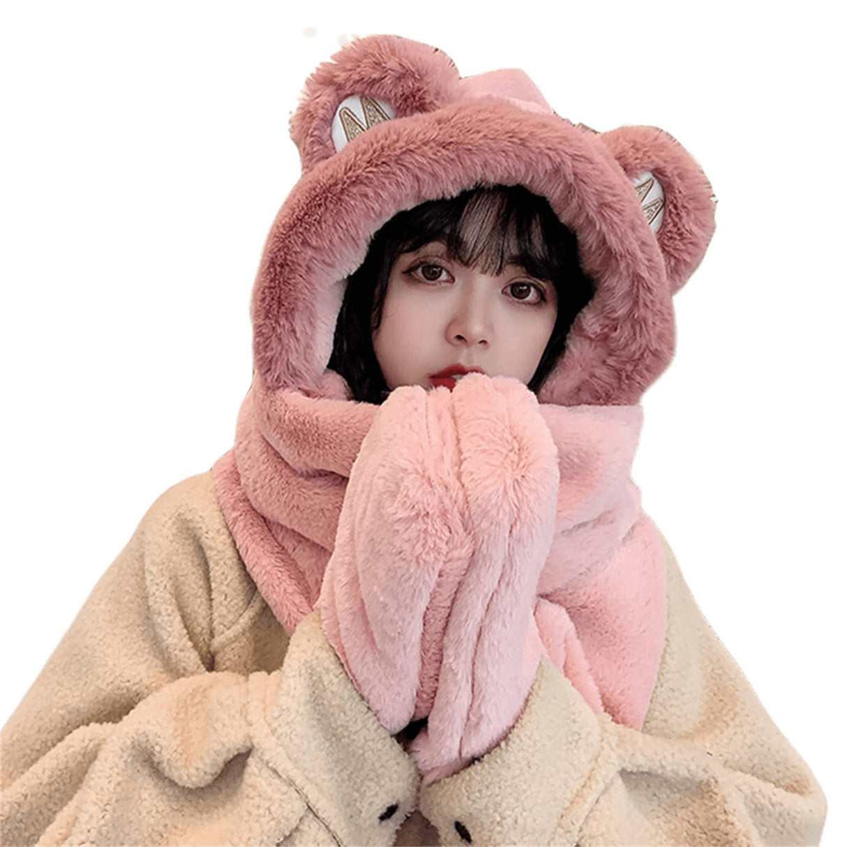 Winter Hat - Scarf - Mittens - 3 in 1 Set - Teddy Hat - Women's Winter Hat - Girls' Hat - Plush Hat - Hat with Ears - Warm Winter Set - Bear Hat - Soft Scarf - Hooded Hat - Fleece Hat - Gift for Women - Pink - One Size - Fluffy Hat - 1 Piece