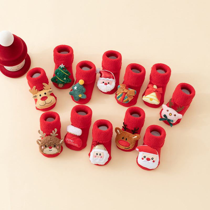 Baby Christmas Socks - Non-Slip Baby Socks - First Christmas - Warm House Socks - Snowman - Reindeer - Christmas Tree - Santa Hat - Christmas Gift - Booties - Winter Clothes - Maternity Gift - 3D Figures - Christmas Outfit - Red Mix - 6 Pairs