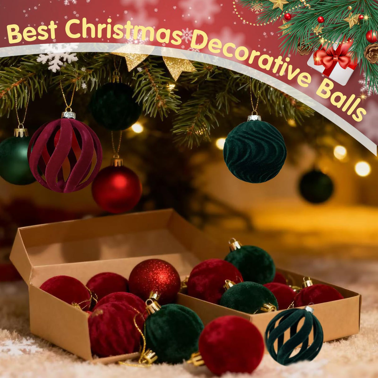 Christmas Ball Set - Velvet Christmas Balls - Unbreakable Christmas Decorations - Velvet Pendants - Christmas Tree Decorations - Luxury Christmas Decorations - Christmas Tree Pendants - Plastic Balls - Atmospheric Decoration - Christmas Ornaments - Dark R