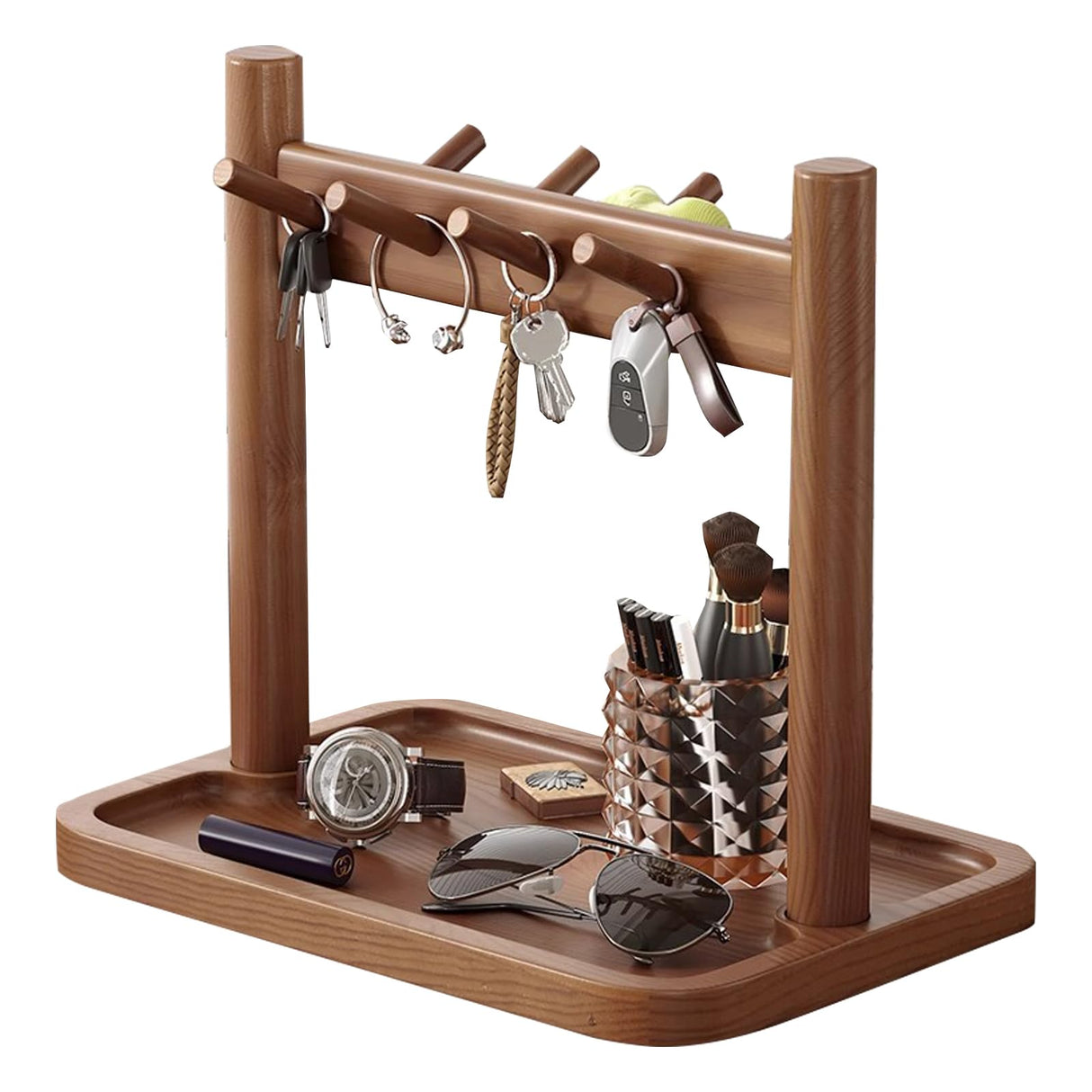 Wooden Key Holder and Entryway Organiser with Tray and Hooks for Keys, Jewellery and Everyday Home Storage, for Home, Travel and Daily Use