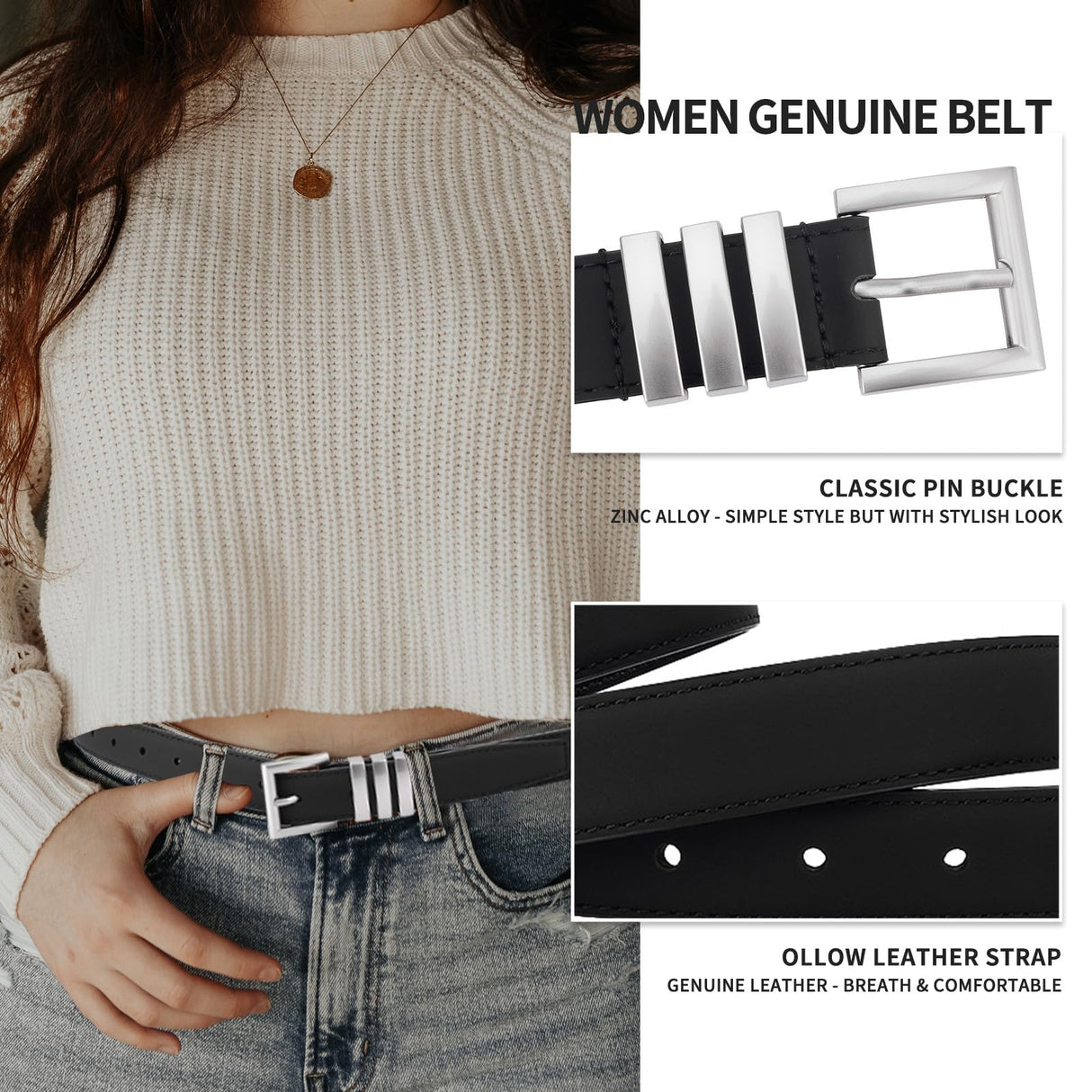 2 Pack Women's Faux Leather Belts with Buckles, Adjustable Waist Belts for Jeans, Dresses, Workwear and Everyday Outfits, Black