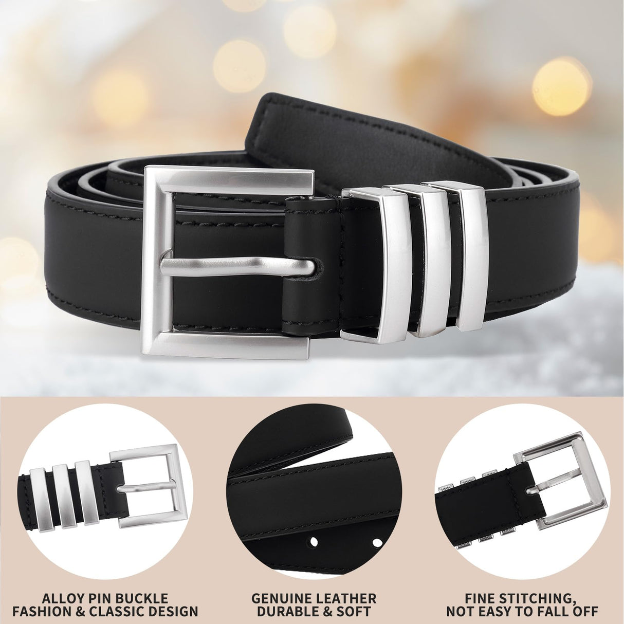2 Pack Women's Faux Leather Belts with Buckles, Adjustable Waist Belts for Jeans, Dresses, Workwear and Everyday Outfits, Black