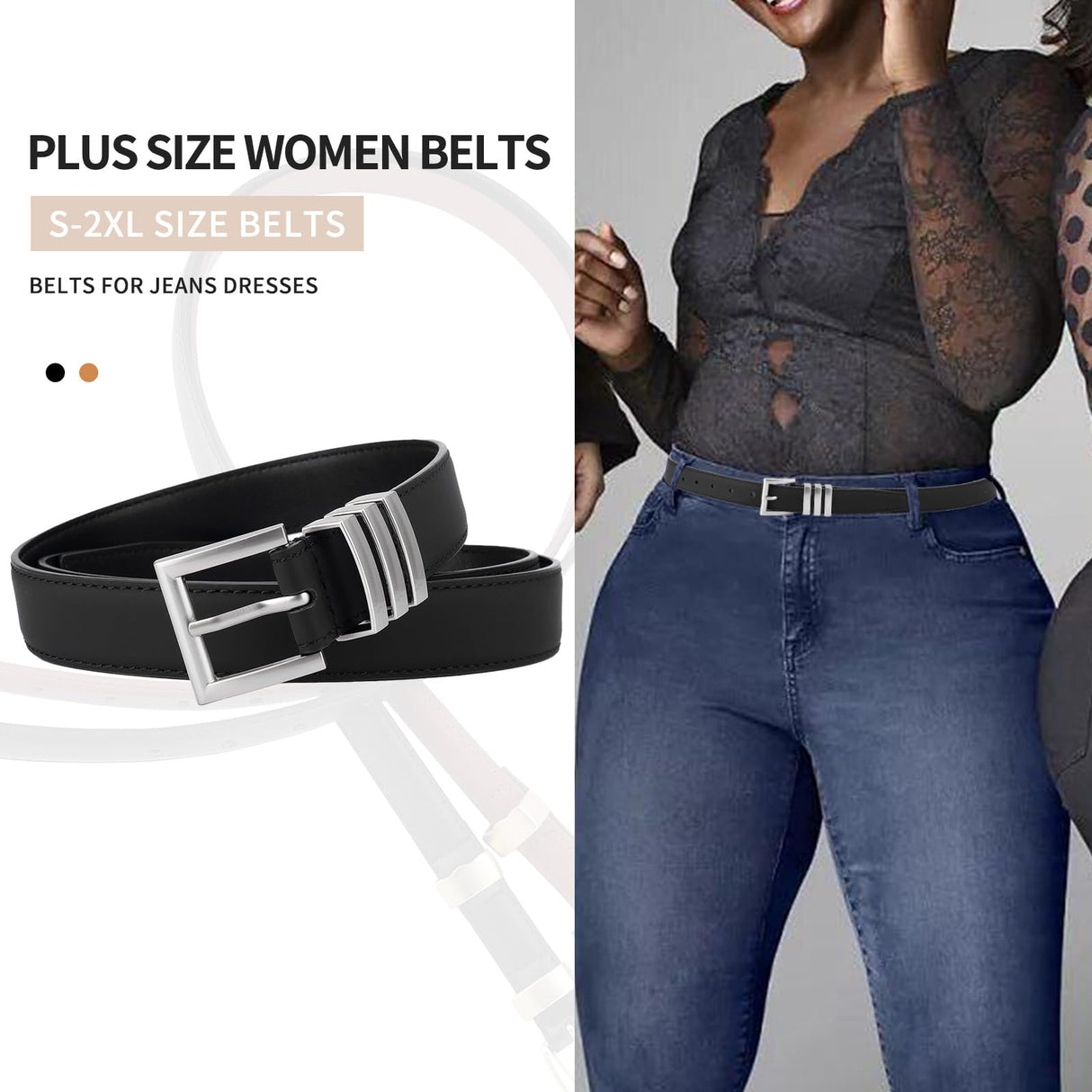 2 Pack Women's Faux Leather Belts with Buckles, Adjustable Waist Belts for Jeans, Dresses, Workwear and Everyday Outfits, Black