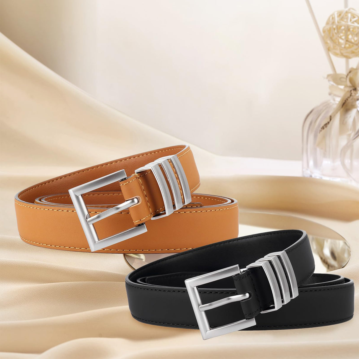 2 Pack Women's Faux Leather Belts with Buckles, Adjustable Waist Belts for Jeans, Dresses, Workwear and Everyday Outfits, Black