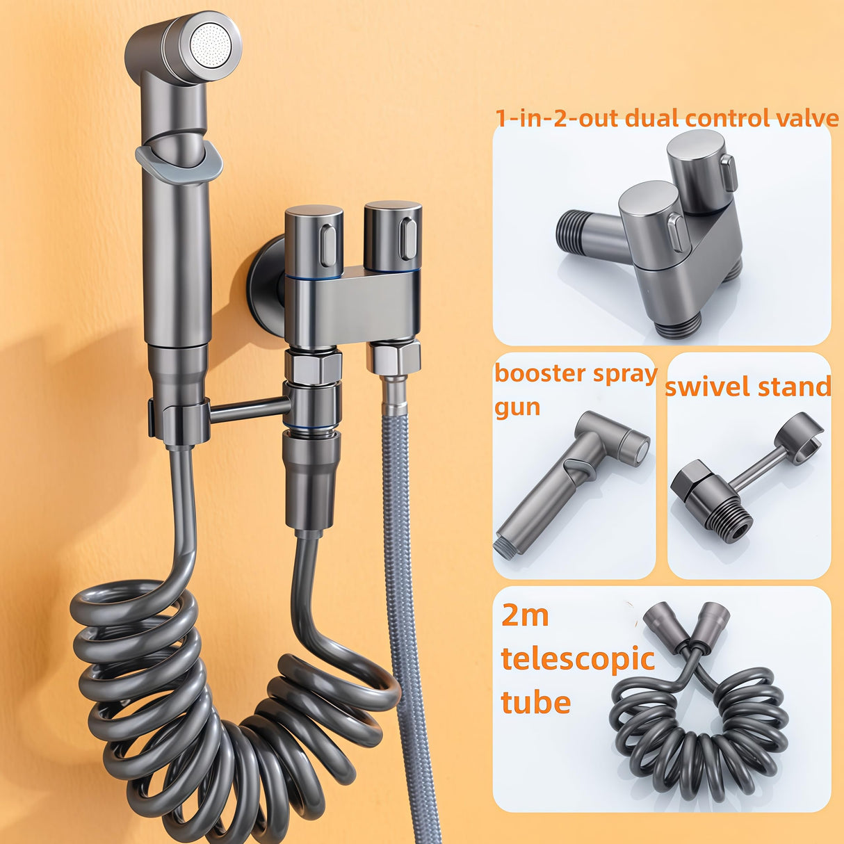 Bidet Sprayer - Hand Shower Toilet - Shattaf - WC Shower - Toilet Sprayer - Hand Bidet - Bidet Faucet - Intimate Hygiene - Stainless Steel - Bathroom Accessories - Complete Set with Hose - Including Adapter 1/2 to 3/8 - Gray - 1 Piece