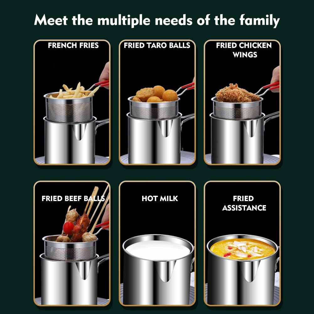 Deep Fryer - Mini Deep Fryer - Stainless Steel Oil Pan - Tempura Pan - Cooking Pan with Frying Basket - French Frying Pan - Induction and Gas - Frying Pan - Deep Fryer with Lid - Kitchen Accessories - Frying Set - Pans - Oil Filter - Sauté Pan - Silver -