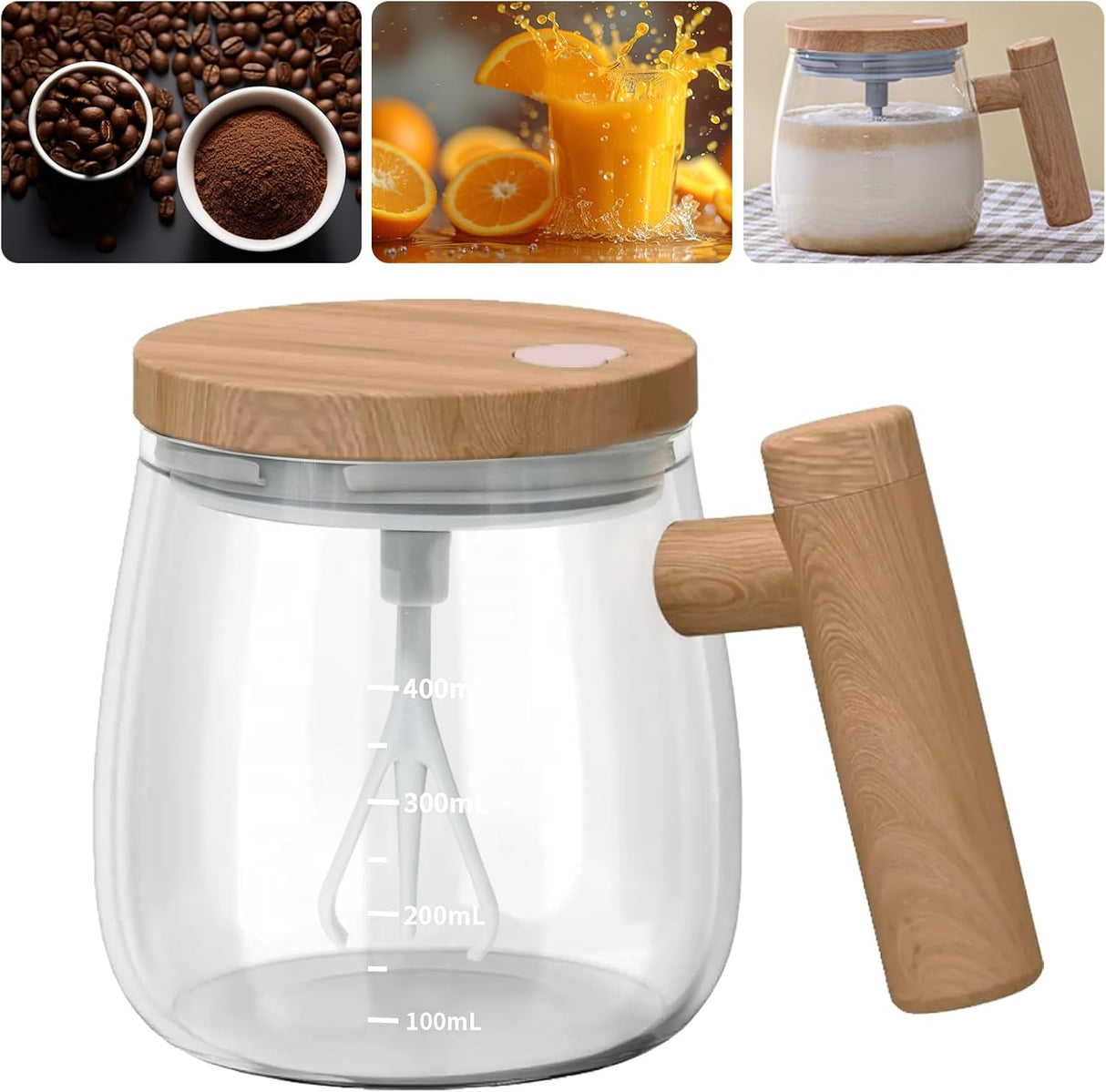 Self-Stirring Mug - Coffee Mug - Mixing Cup - Electric Mixing Cup - Automatic Stirring Cup - Milk Frother - Drink Mixer - Magnetic Cup - Shaker - Kitchen Gadgets - Coffee Accessories - Glass - Wood Design - Brown - 1 piece