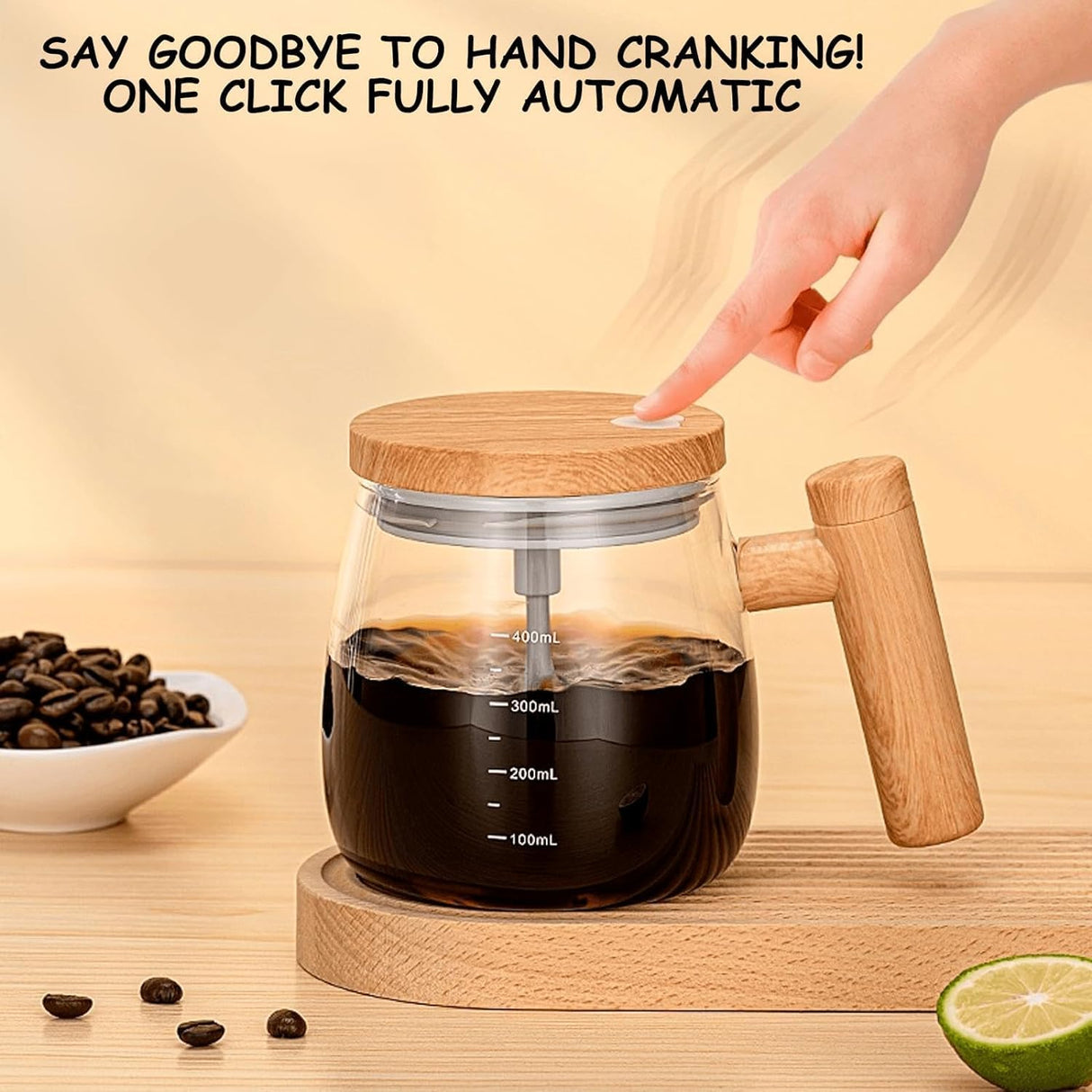 Self-Stirring Mug - Coffee Mug - Mixing Cup - Electric Mixing Cup - Automatic Stirring Cup - Milk Frother - Drink Mixer - Magnetic Cup - Shaker - Kitchen Gadgets - Coffee Accessories - Glass - Wood Design - Brown - 1 piece