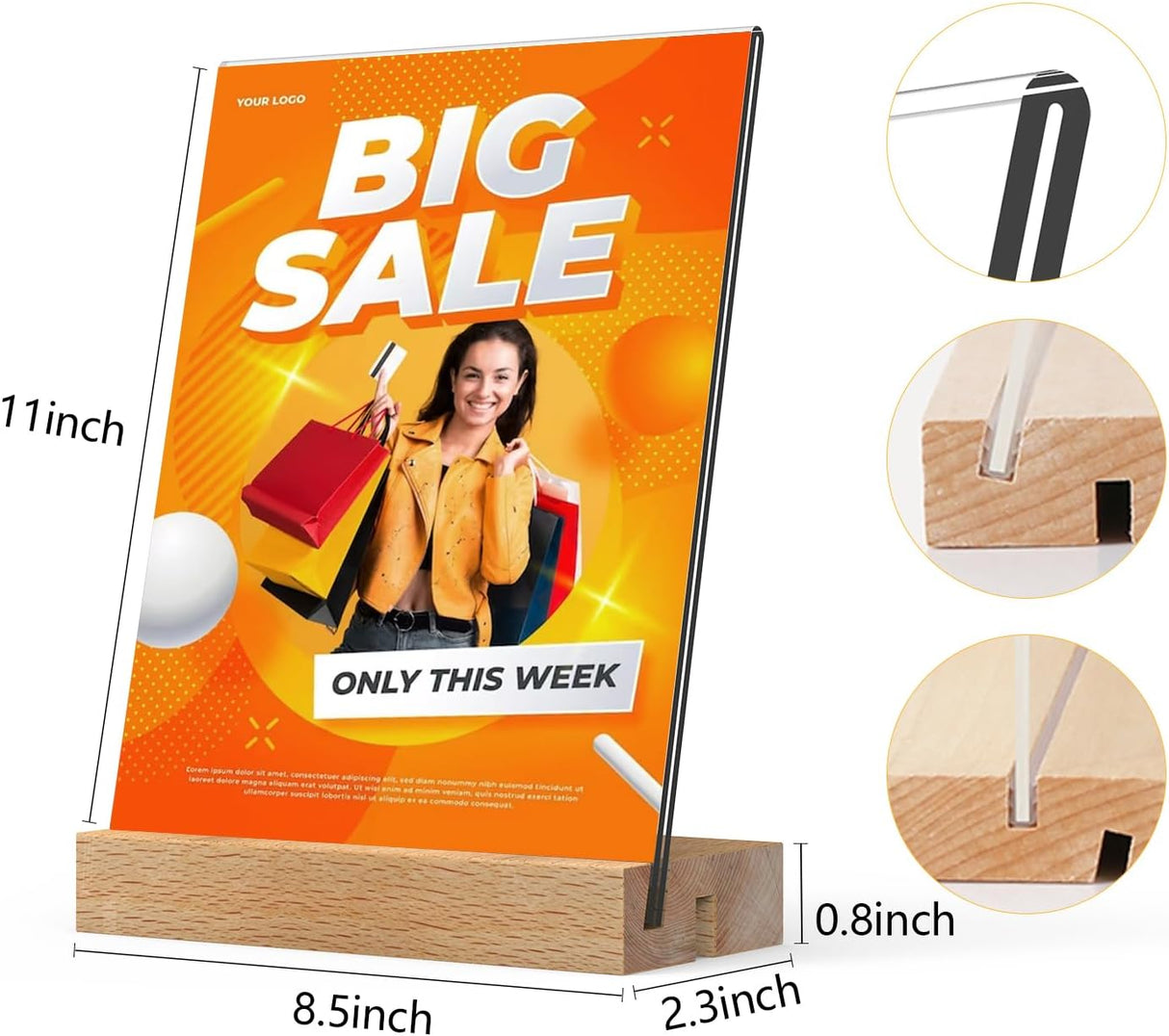Menu Card Holder A4 - Photo Frame with Wooden Base - Table Stand - Brochure Holder - Acrylic Stand - Hospitality - Office - Wedding Decoration - Information Holder - Double Slot - Straight and Angled - Transparent and Wood - 3 Pieces