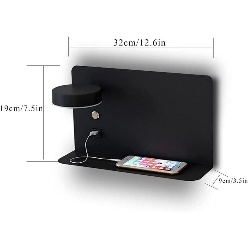 1 Pack Right Side 12W LED Reading Wall Lamp USB Charging 3 CCT Black