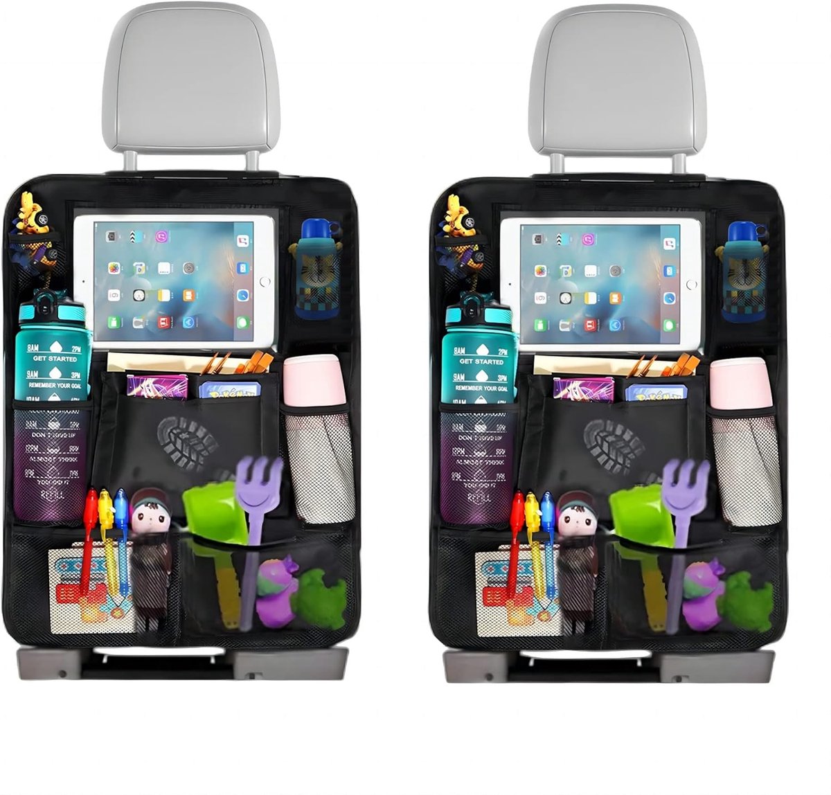 Famanu - Children's Car Organizer, 2 PCS Car Storage Accessories with 24.4 cm iPad Pocket, 10 Pockets for the Car Seat Backrest, Black
