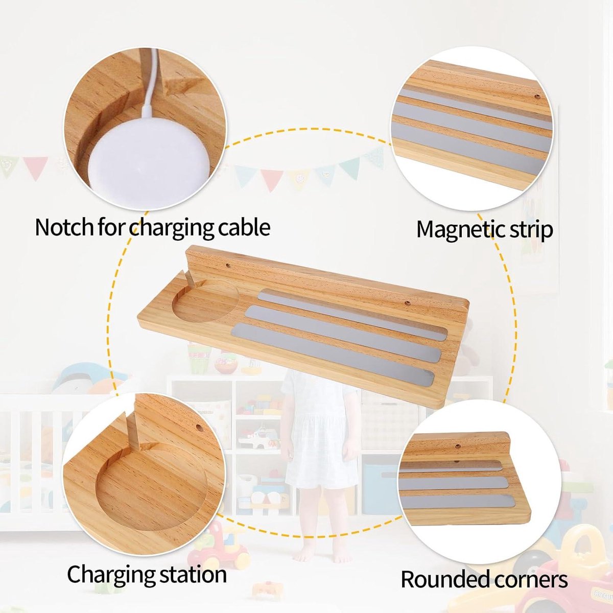 Magnetic Shelf for Tonies, Wooden Display Shelf for Toy Figures with Charging Station - Nursery Organizer with Floating Design and Storage Accessories.