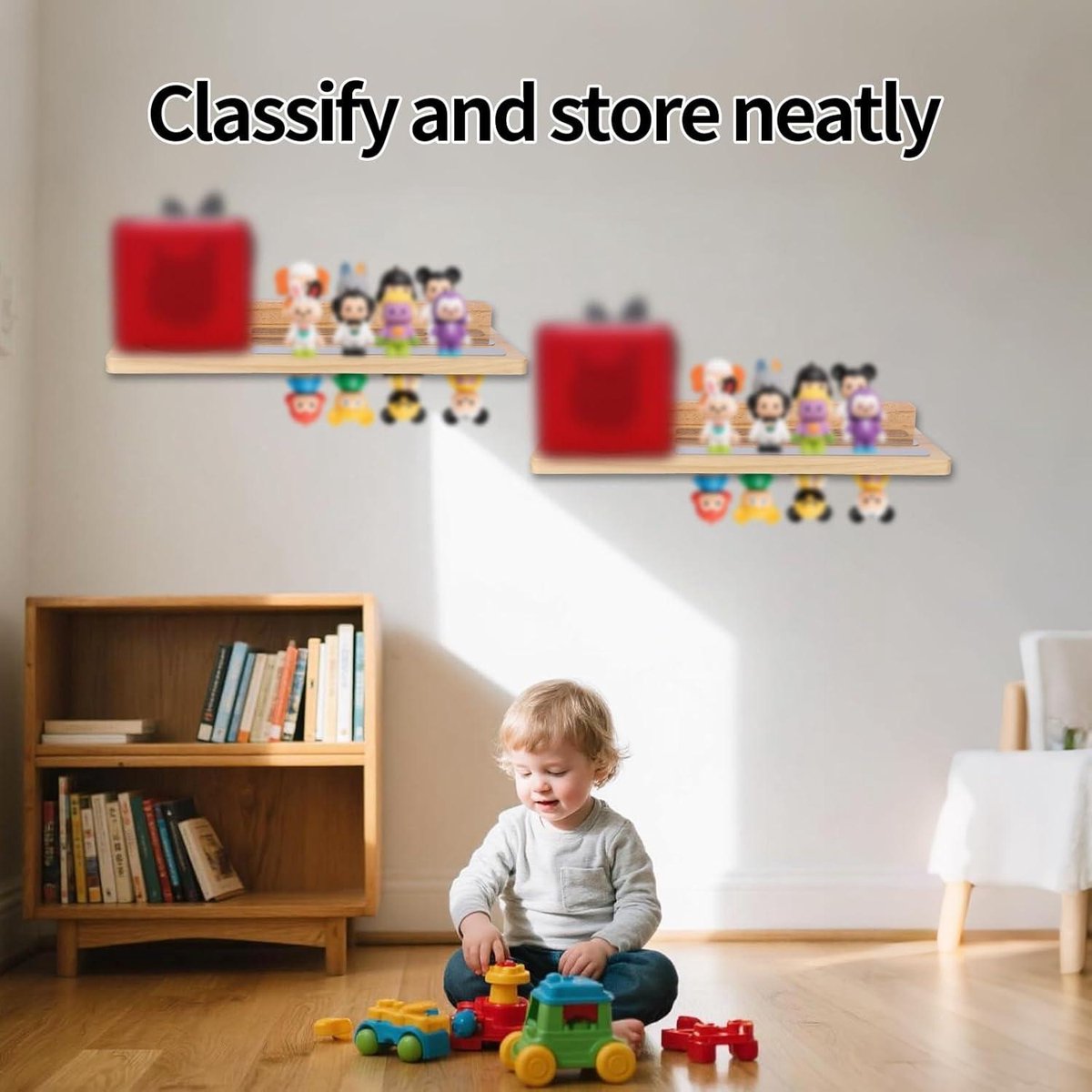 Magnetic Shelf for Tonies, Wooden Display Shelf for Toy Figures with Charging Station - Nursery Organizer with Floating Design and Storage Accessories.