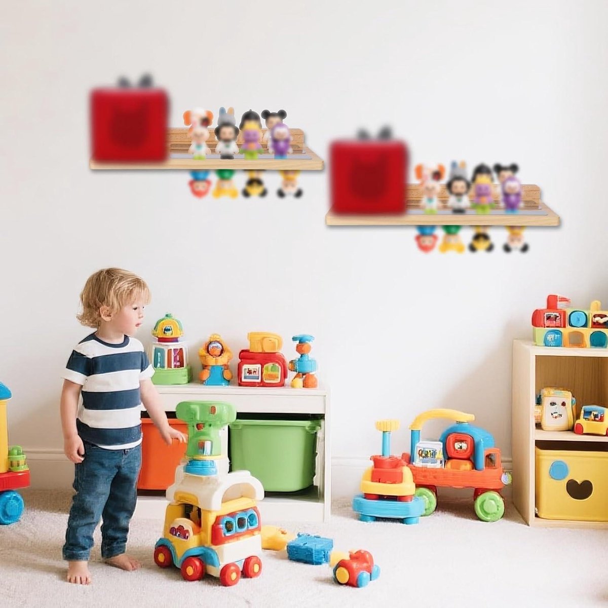 Magnetic Shelf for Tonies, Wooden Display Shelf for Toy Figures with Charging Station - Nursery Organizer with Floating Design and Storage Accessories.