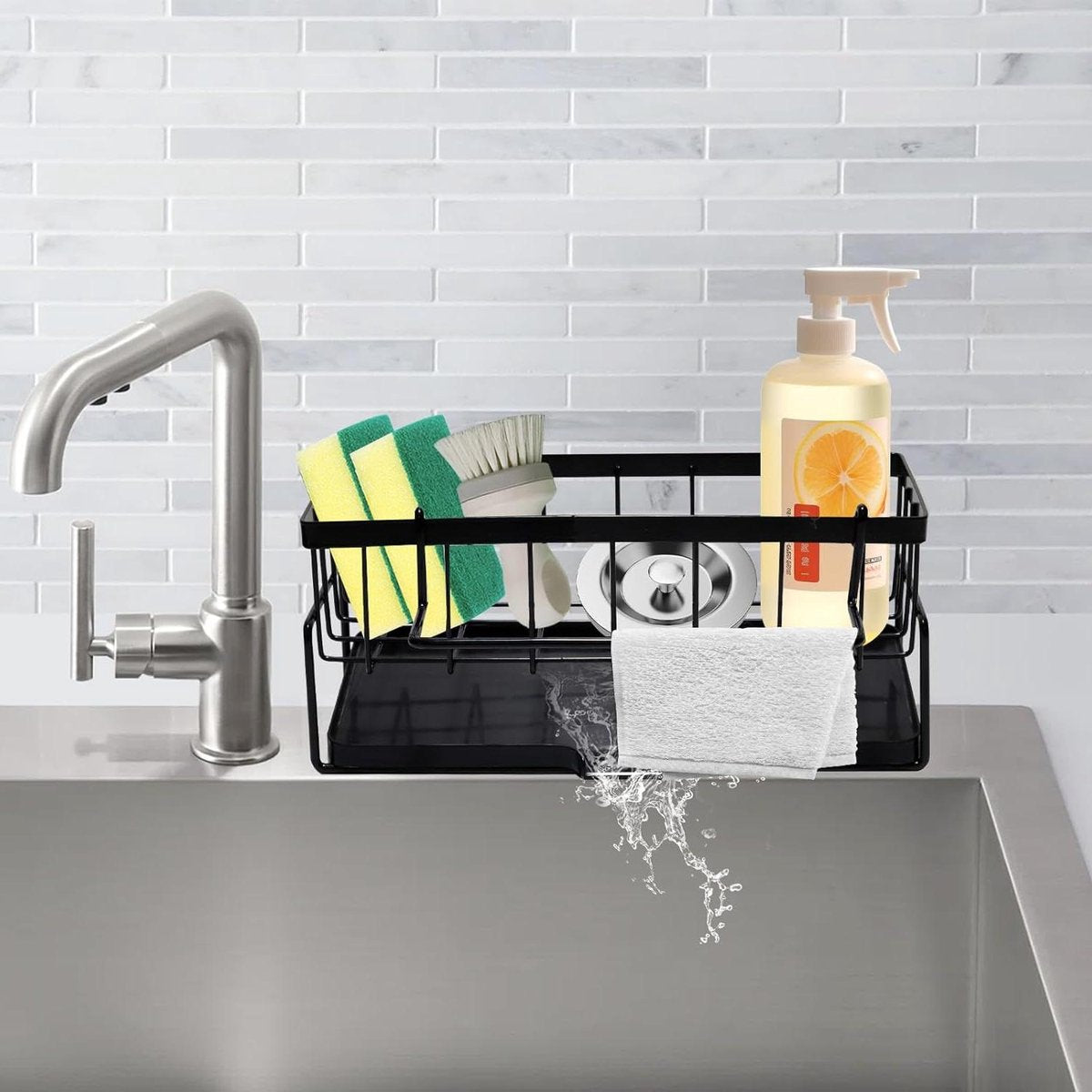 Sponge holder and organizer for sink - Draining rack and soap dish with brush holder - Kitchen storage accessories - Grey.