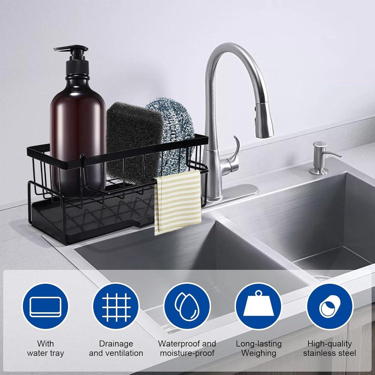 Sponge holder and organizer for sink - Draining rack and soap dish with brush holder - Kitchen storage accessories - Grey.