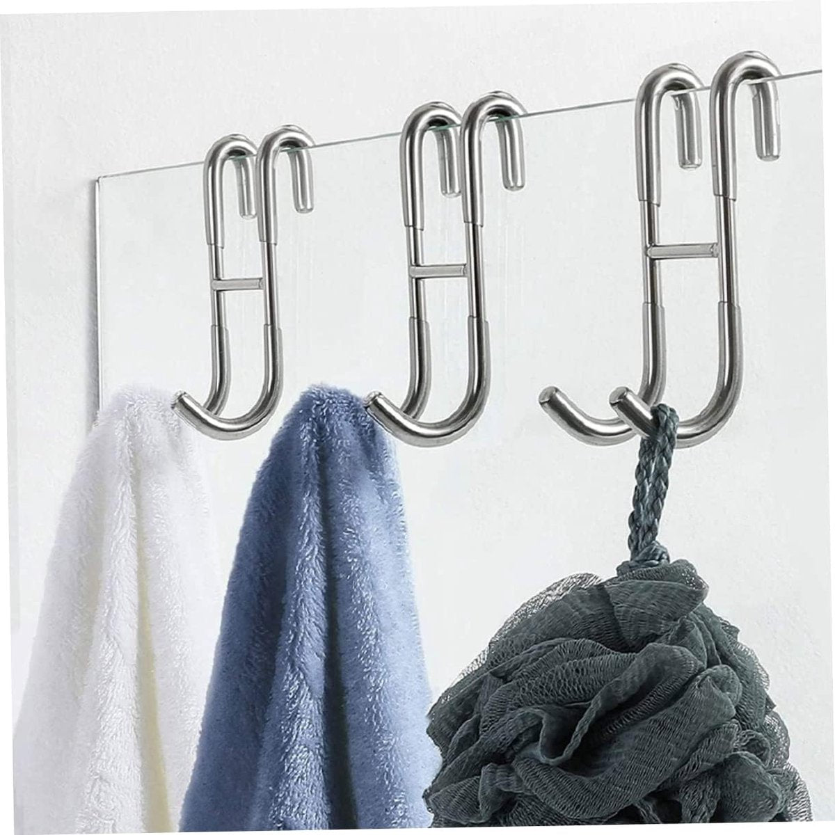 Two-piece set of door hooks, suitable for hanging towels and other storage accessories.