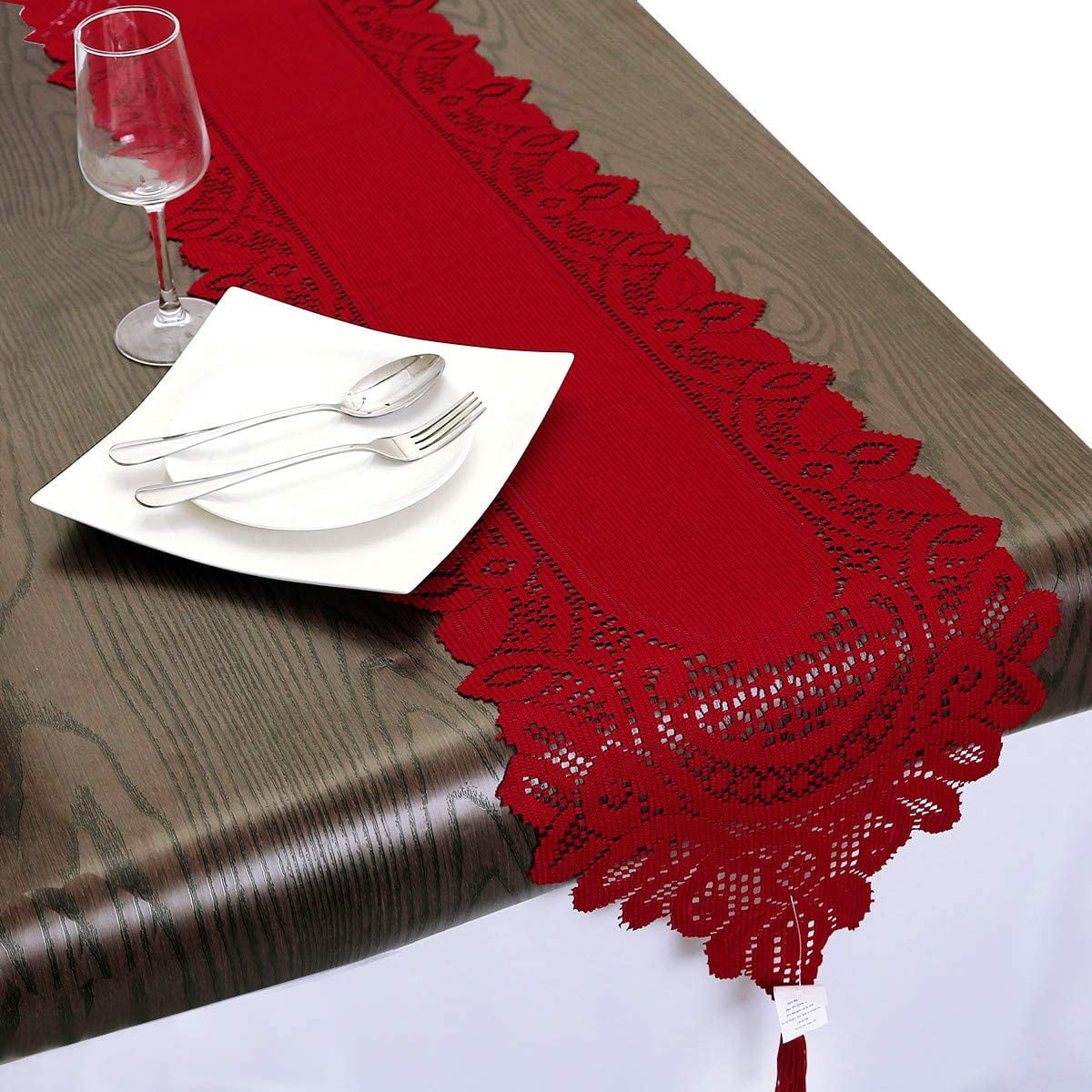Lace Table Runner Dresser Scarf Embroidered Table Runners with Exquisite Flower Vintage Shabby Chic for Wedding Holiday Dinning Red