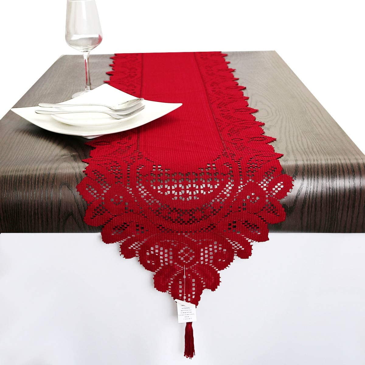 Lace Table Runner Dresser Scarf Embroidered Table Runners with Exquisite Flower Vintage Shabby Chic for Wedding Holiday Dinning Red