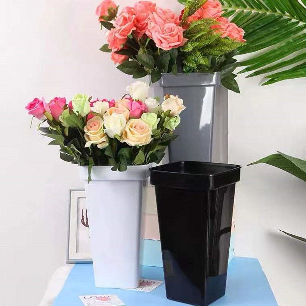 Plastic Flower Vase, Tall Flower Pot Pack of 1, Patio Deck Indoor Outdoor Garden Tree Planters 13.4 Inch (White) 1pcs-White