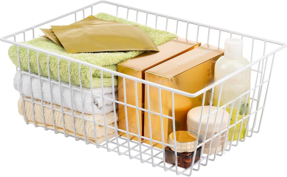 2Pcs Wire Storage Baskets,Metal Storage Basket for Organizing,White Wire Storage Freezer Baskets for Closet,Bedroom,Bathroom,Office