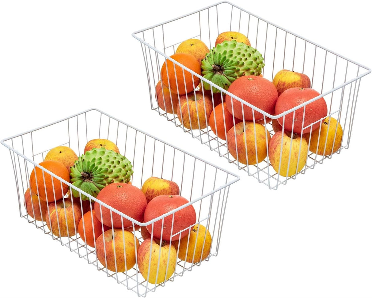 2Pcs Wire Storage Baskets,Metal Storage Basket for Organizing,White Wire Storage Freezer Baskets for Closet,Bedroom,Bathroom,Office