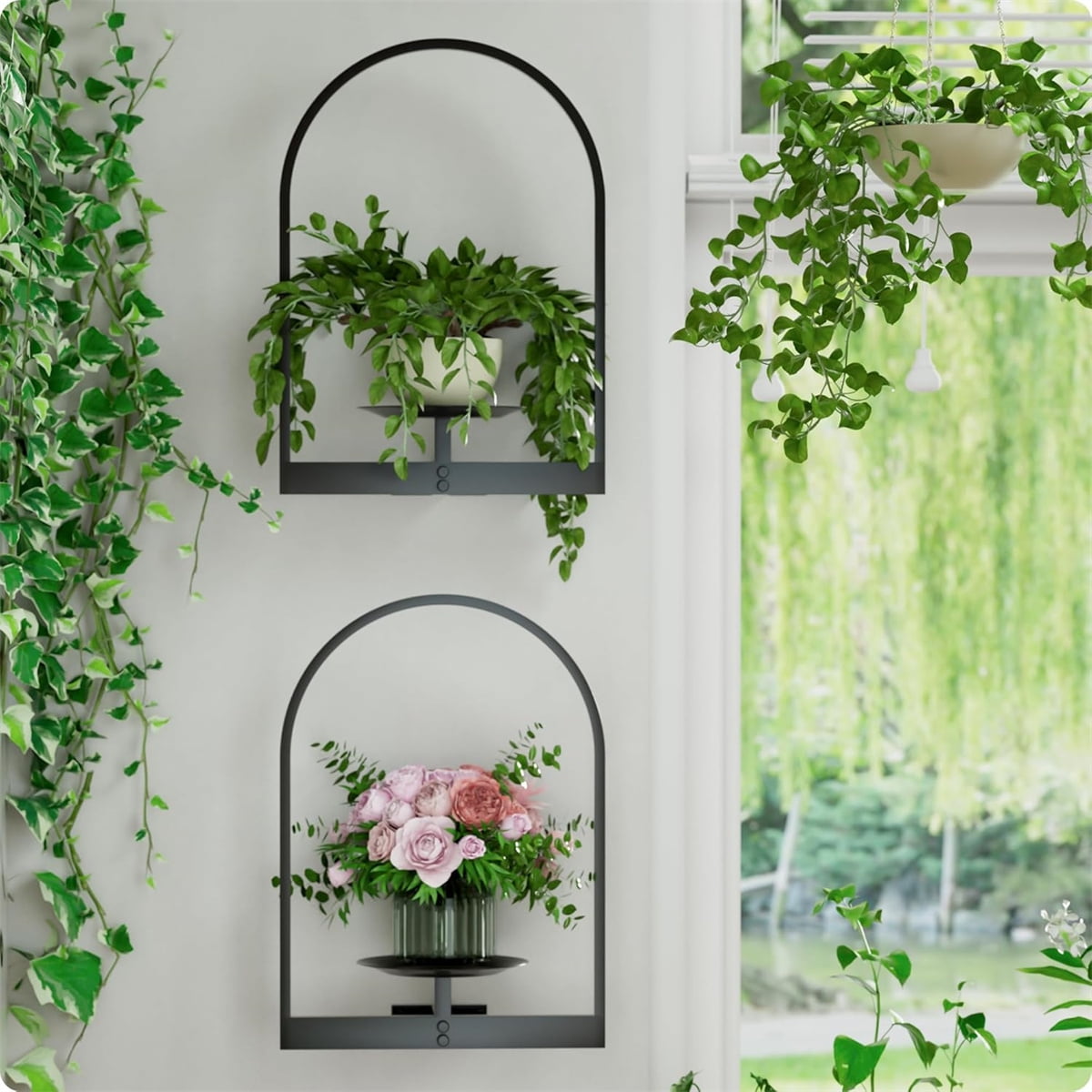 Metal Hanging Flower Holder,Wall Plant Holders,Premium Picture Frame Flower Stand,Portable Indoor Plant Shelves for Bathroom,Living Room,2pcs