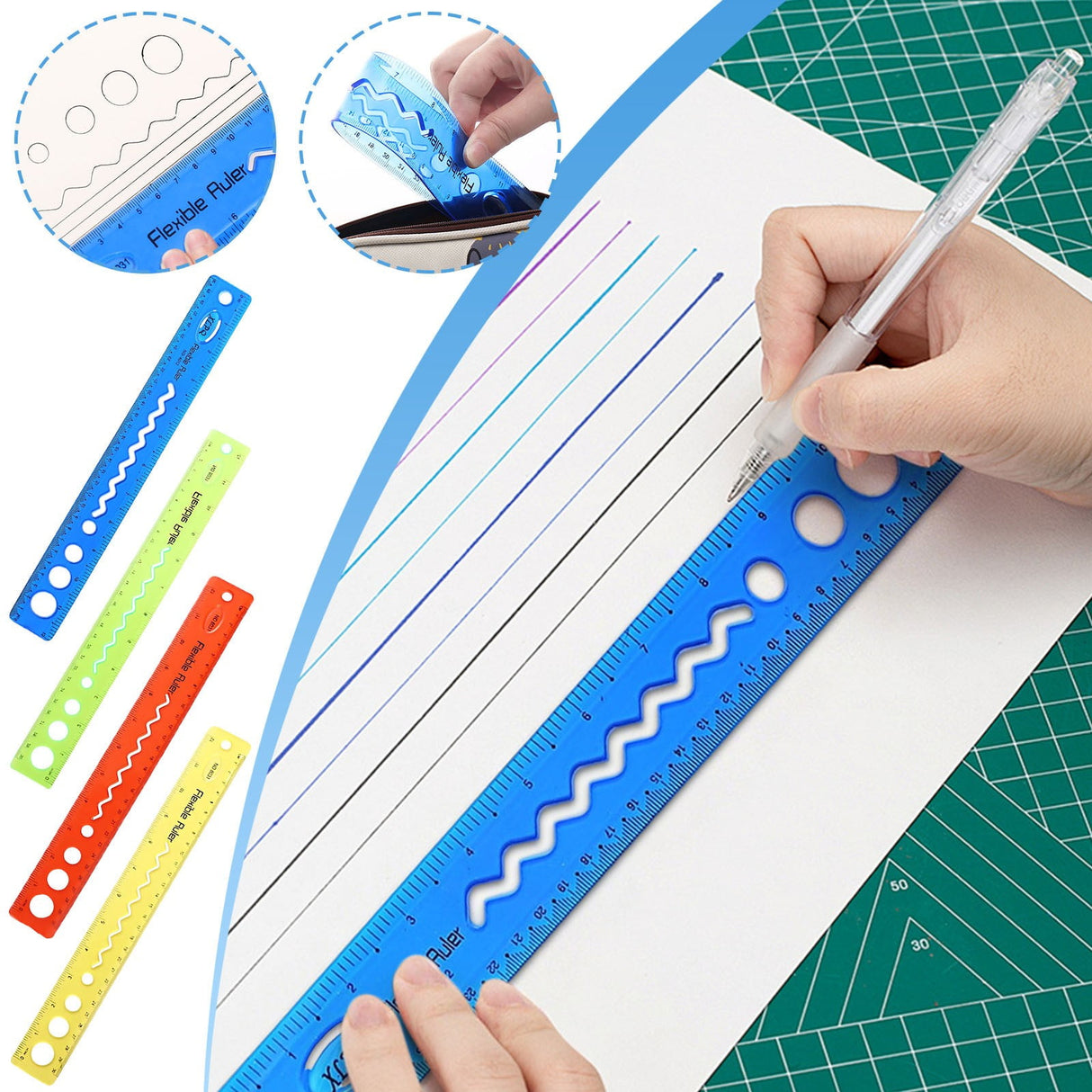 30cm/12inch Flexible Ruler, Rubber Plastic Ruler, Foldable Ruler Folding Soft Plastic Ruler, Shatterproof Straight Measuring Tools for Office Family Supplies(Blue) Red