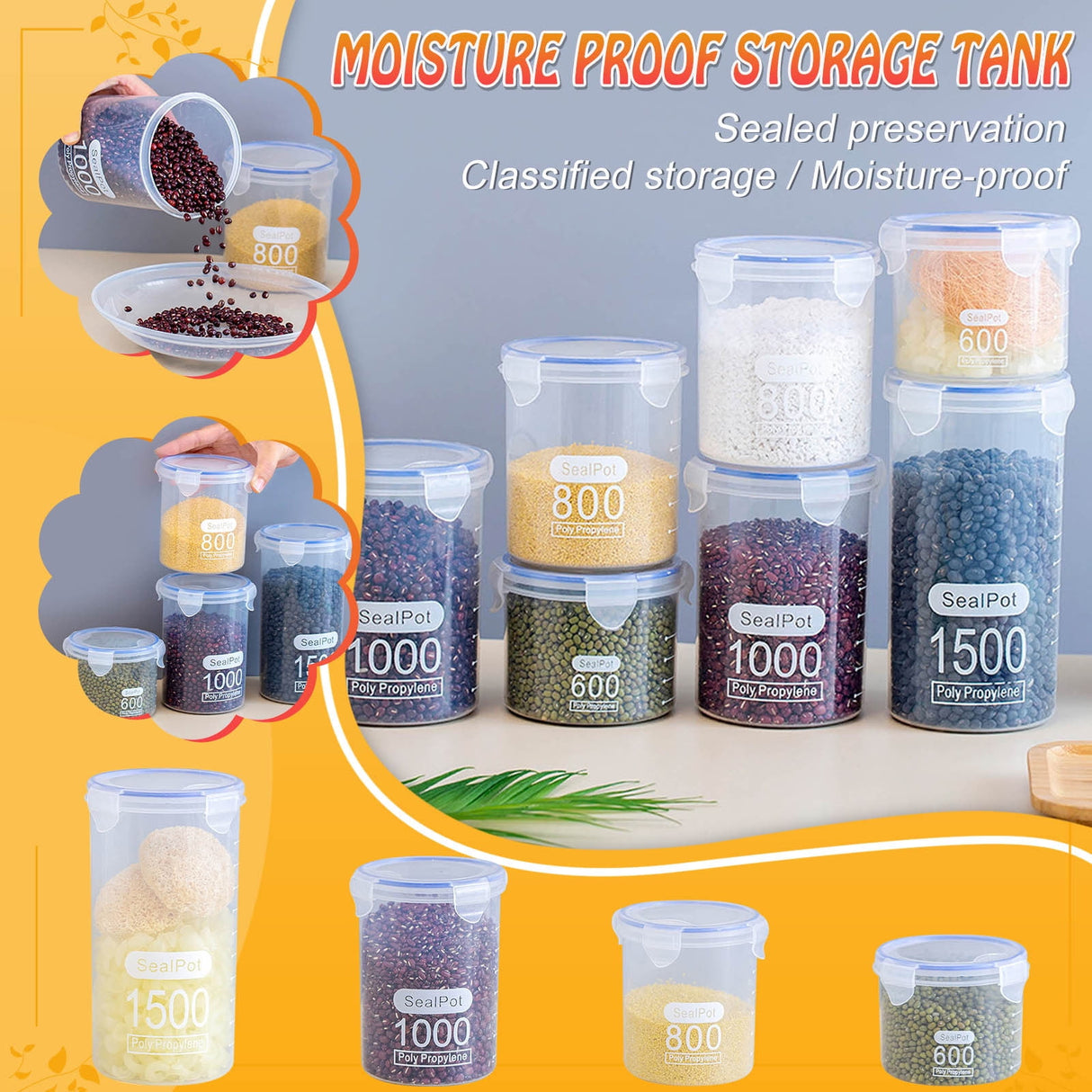 Clear Sealed Food Containers, 800ml Plastic Stackable Leakproof Storage Jar with Locking Lid, Kitchen Gadget for Rice Beans Storage A