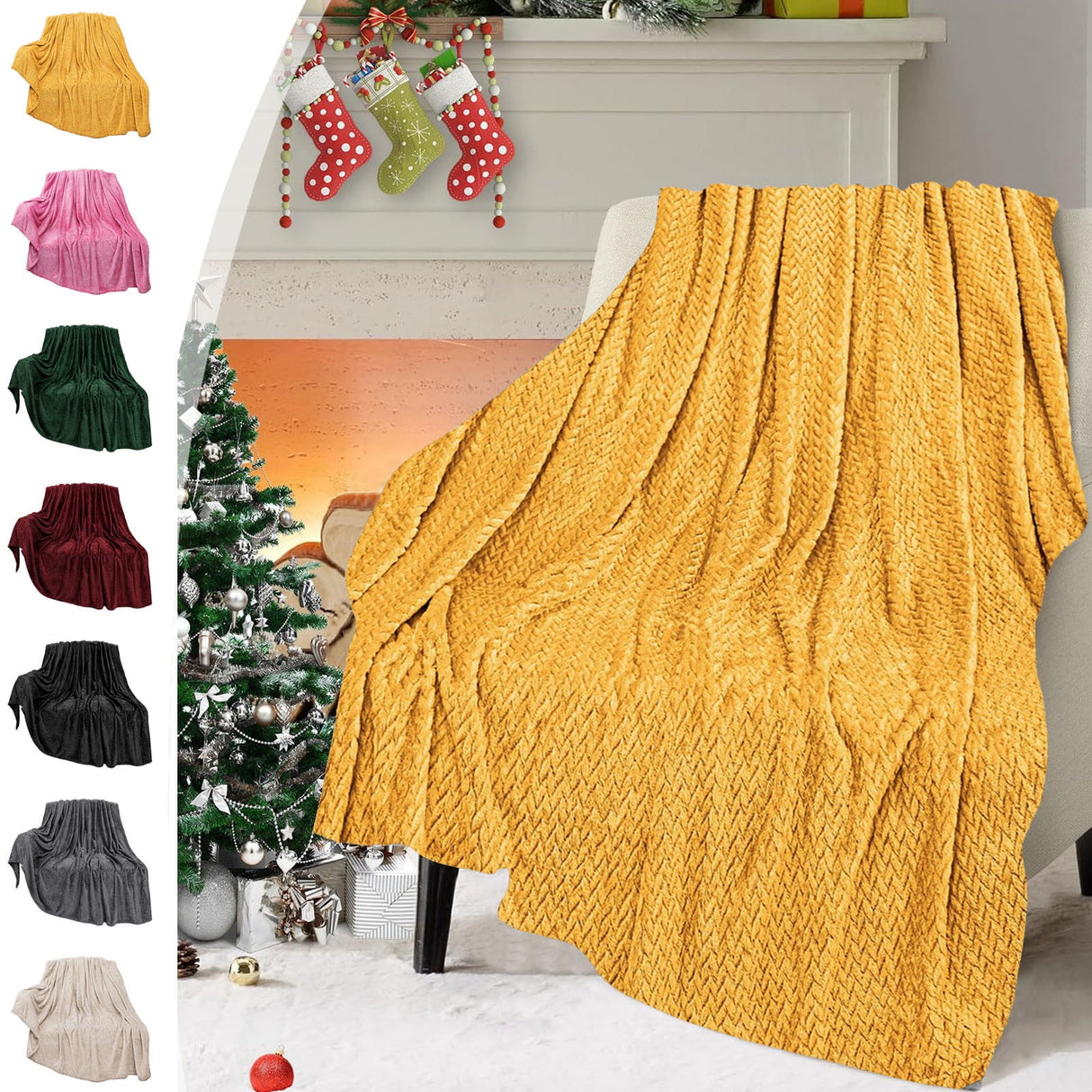 Christmas Solid Color Blanket, 59x39" Soft Warm Throw Blanket, Light-weight Plush Throw Blanket for Bed Sofa Camping Airplane Holiday Yellow