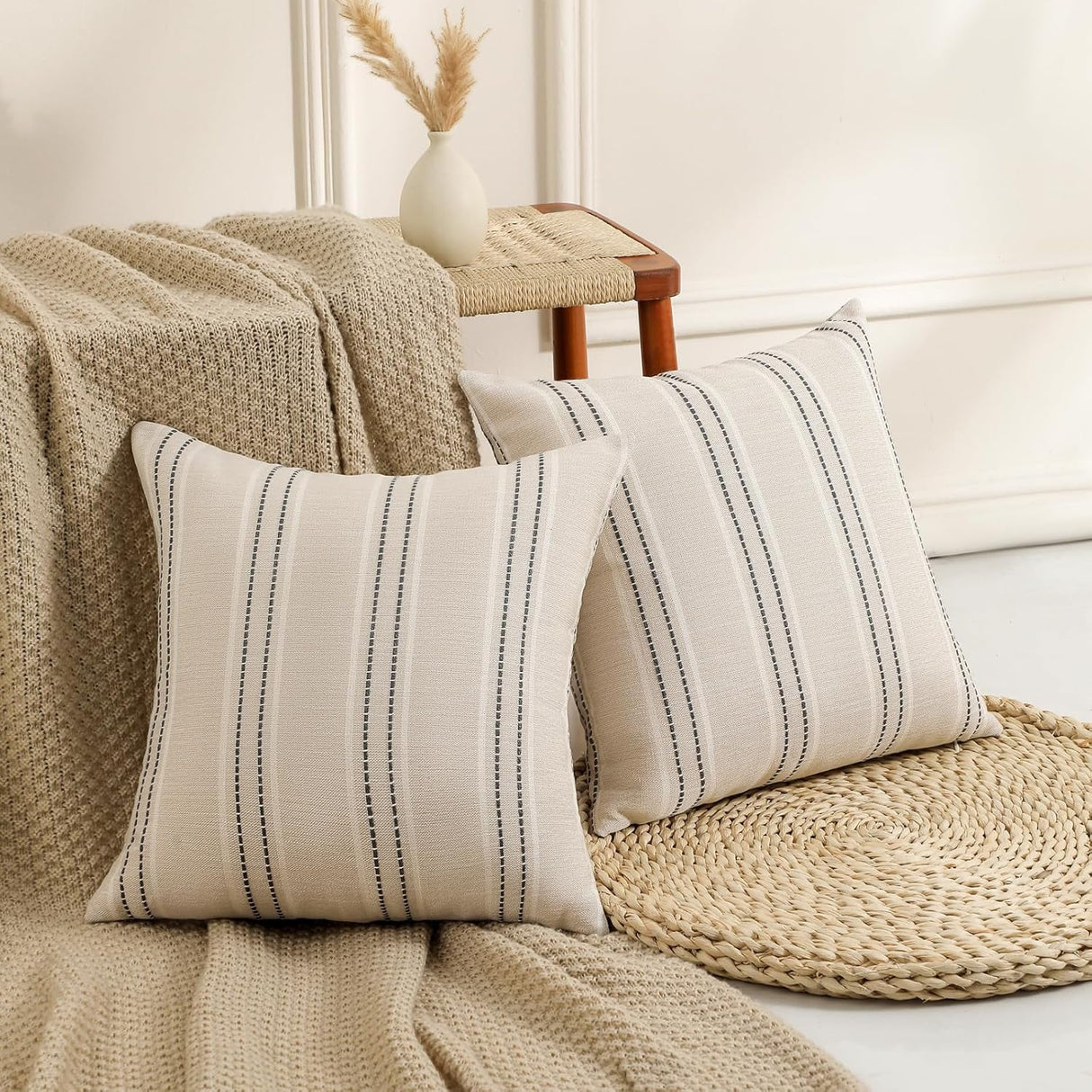 Throw Pillow Covers 20x20 Set of 2 Striped Pillow Covers Textured Linen Decorative Pillows Square Cushion Covers for Sofa Couch Bed Living Room Farmhouse Decor, Grey