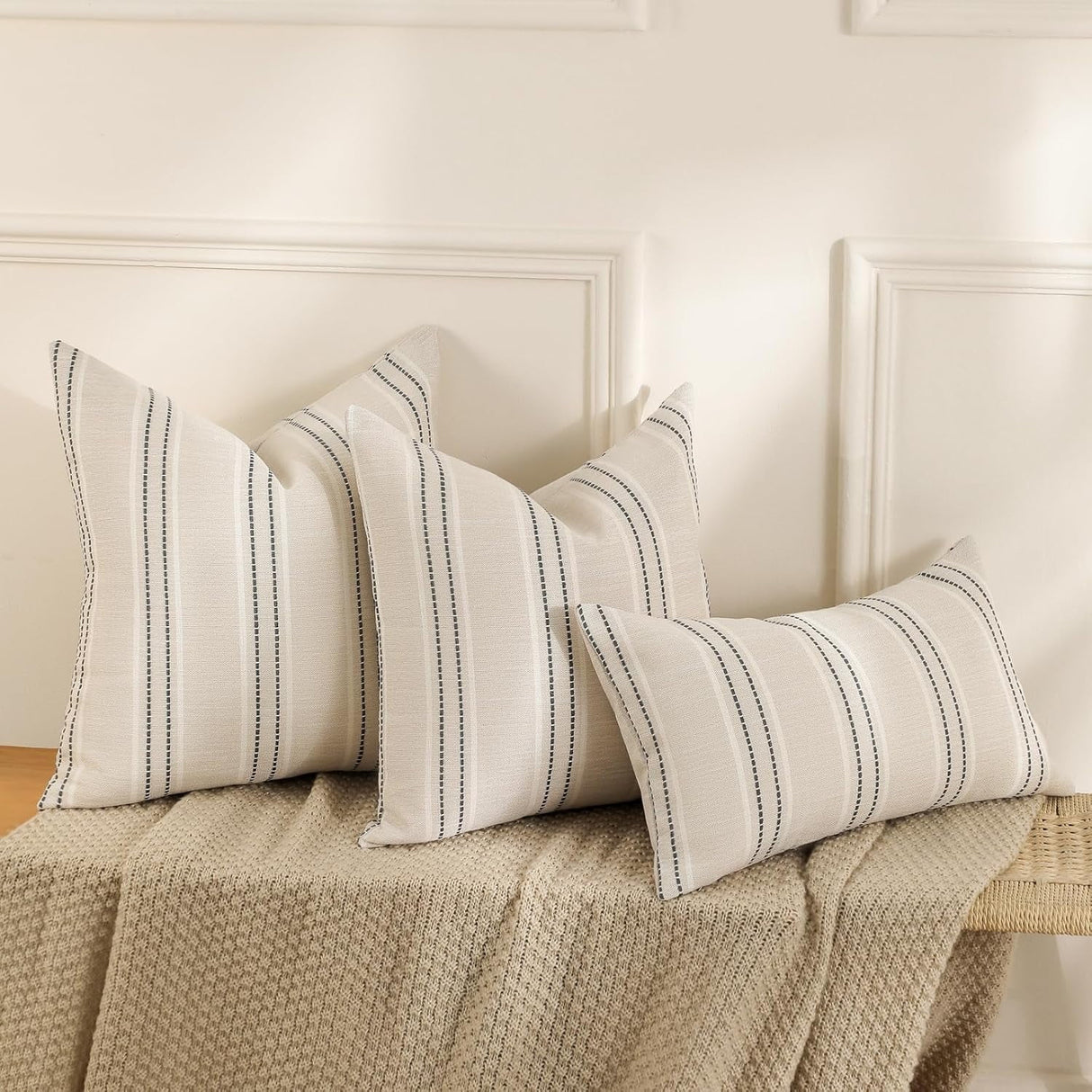 Throw Pillow Covers 20x20 Set of 2 Striped Pillow Covers Textured Linen Decorative Pillows Square Cushion Covers for Sofa Couch Bed Living Room Farmhouse Decor, Grey