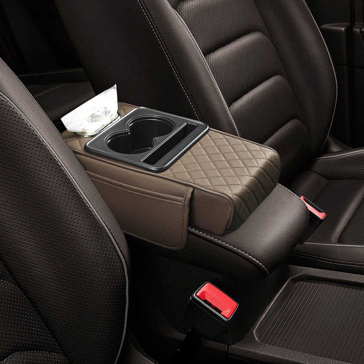 Car Center Console Armrest Pillow, Memory Foam Auto Armrest Box Cover with Cup Holder and Phone Holder, Waterproof Leather Arm Rest Protector Cushion, Car Tissue Box, Interior Car Accessories Coffee