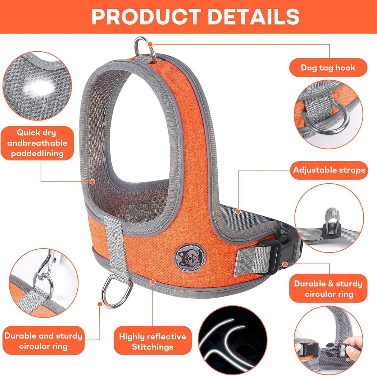 Dog Harness and Leash, No Pull Saddle Style Pet Harness, Breathable Mesh Adjustable Reflective Dog Vest, Dog Leash, for Dogs and Cat Medium Small Harness Orange,XS