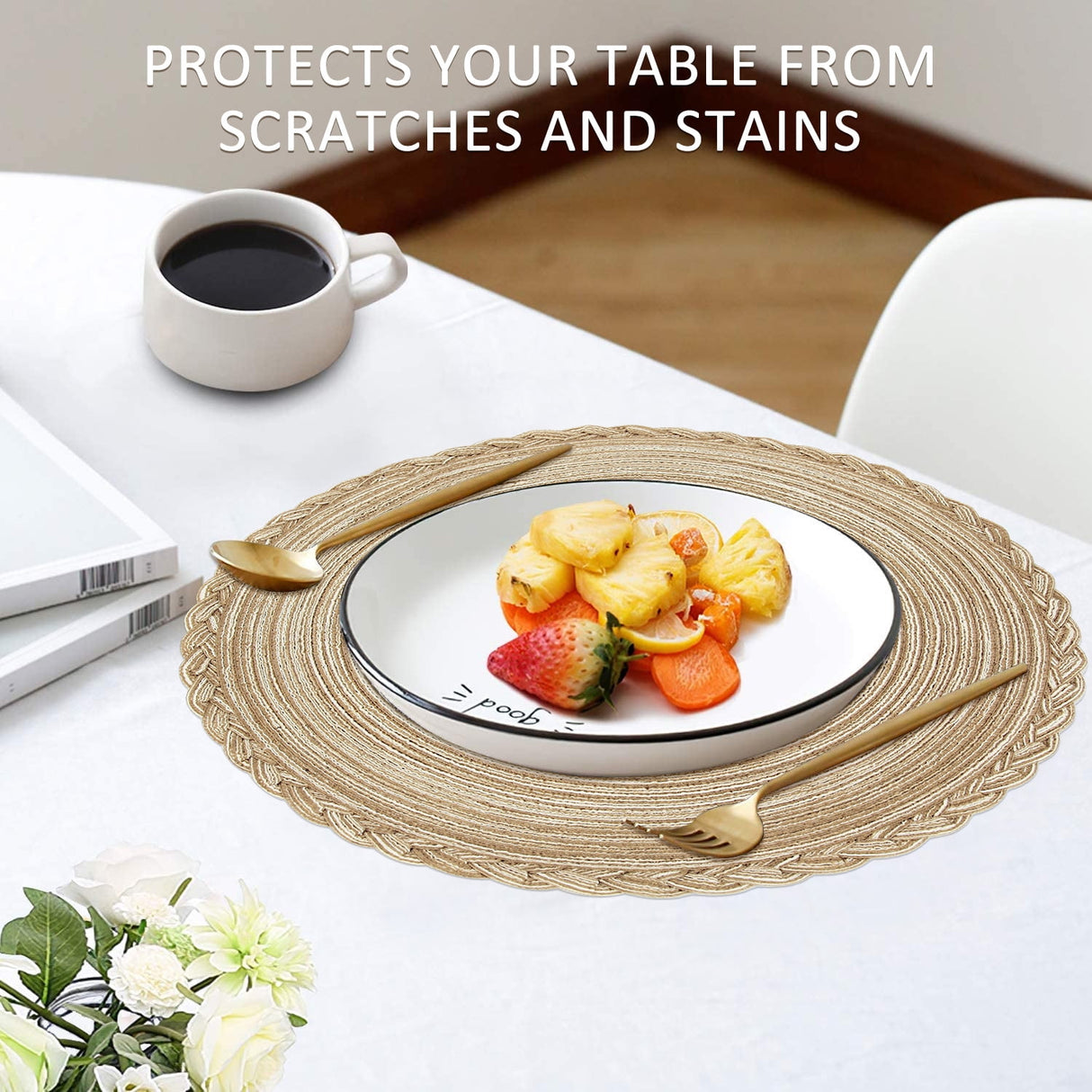 Braided Placemats for Dining Table Set of 6 - Round 15 inch Woven Heat Resistant Non-Slip Kitchen Table Mats, Red Light Coffee