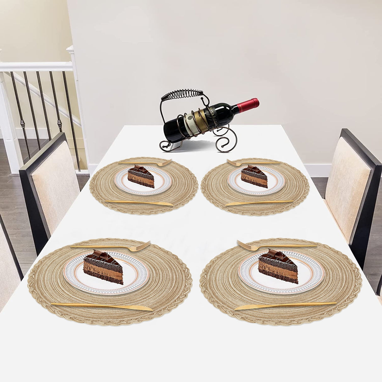 Braided Placemats for Dining Table Set of 6 - Round 15 inch Woven Heat Resistant Non-Slip Kitchen Table Mats, Red Light Coffee