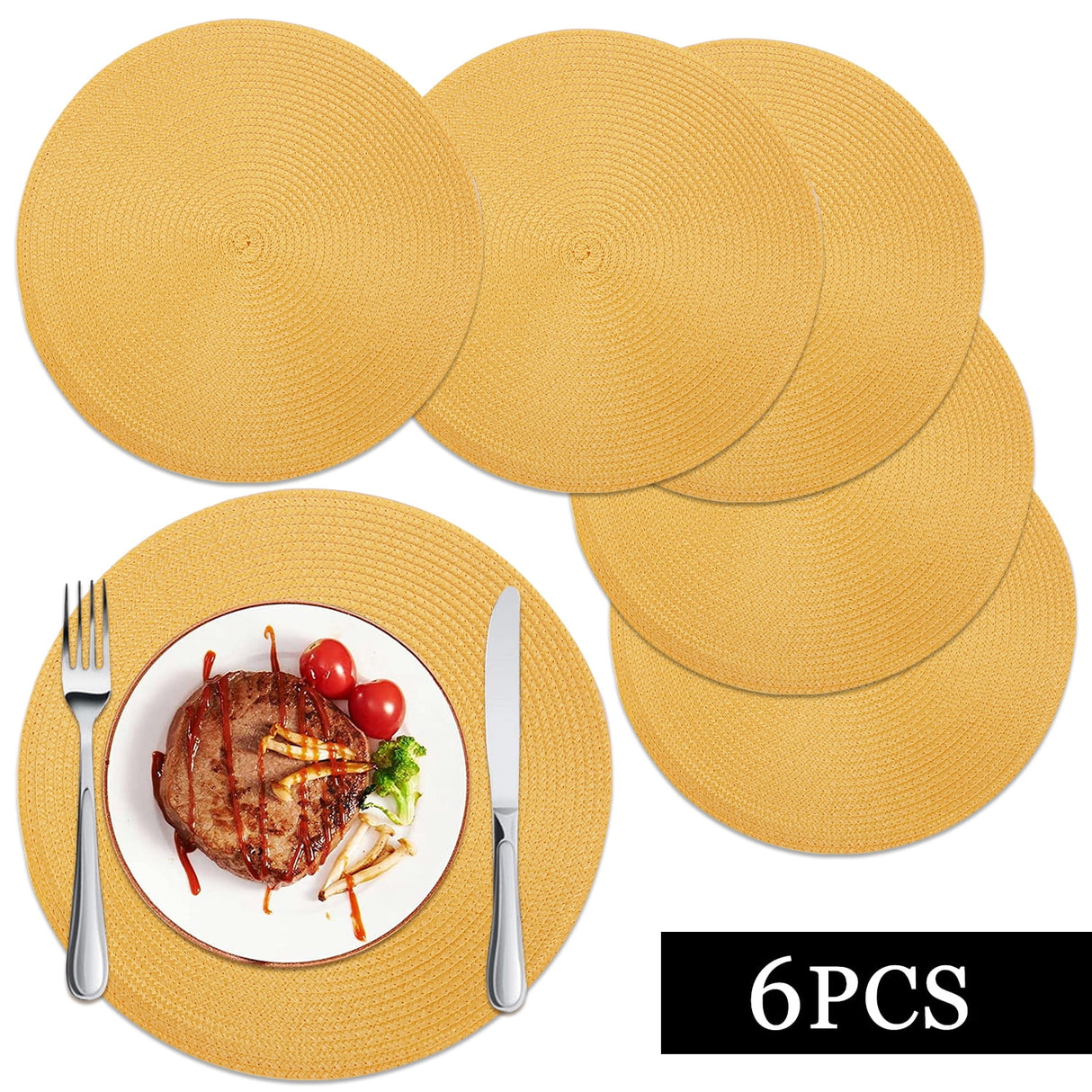 Braided Placemats for Dining Table Set of 6 - Round 15 inch Woven Heat Resistant Non-Slip Kitchen Table Mats, Red Yellow