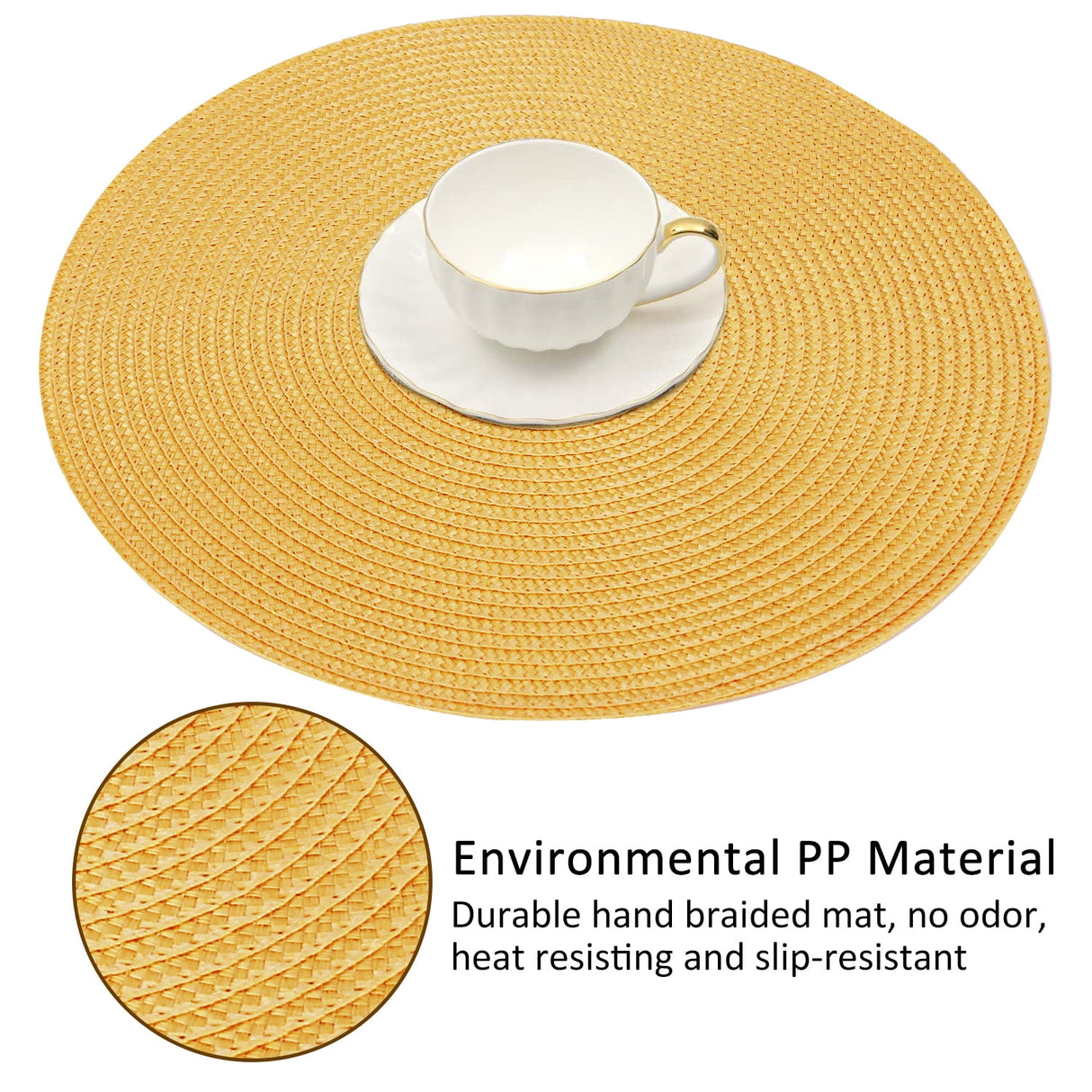 Braided Placemats for Dining Table Set of 6 - Round 15 inch Woven Heat Resistant Non-Slip Kitchen Table Mats, Red Yellow