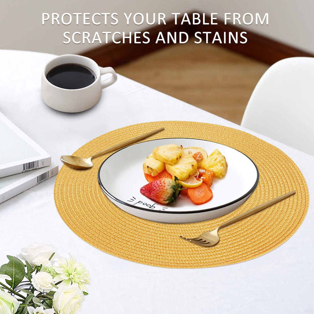 Braided Placemats for Dining Table Set of 6 - Round 15 inch Woven Heat Resistant Non-Slip Kitchen Table Mats, Red Yellow