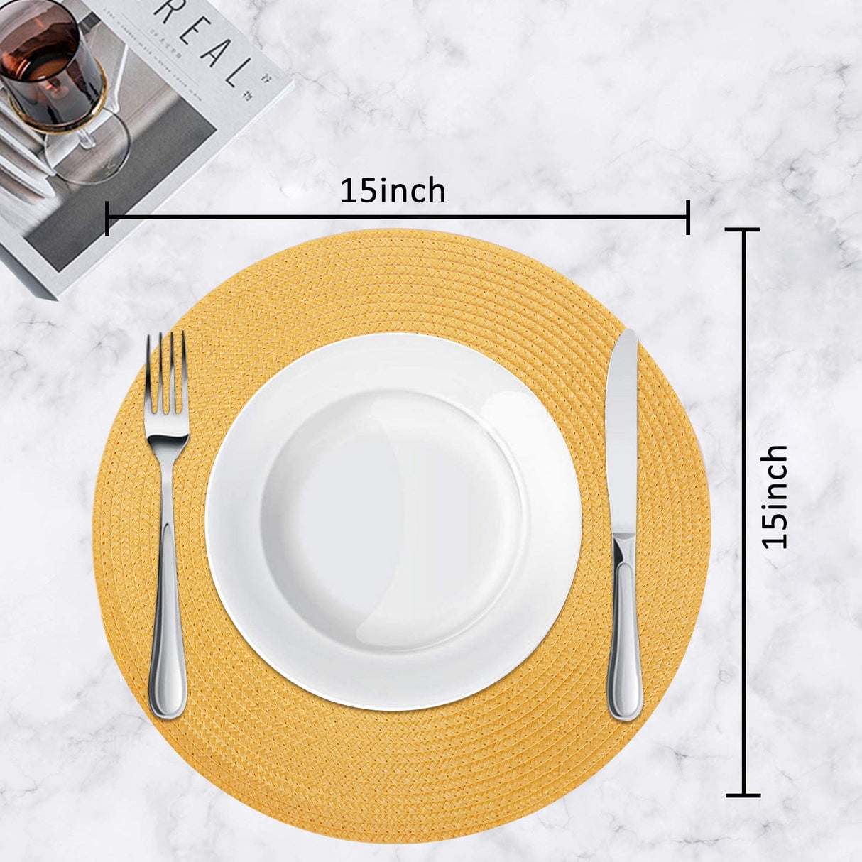 Braided Placemats for Dining Table Set of 6 - Round 15 inch Woven Heat Resistant Non-Slip Kitchen Table Mats, Red Yellow