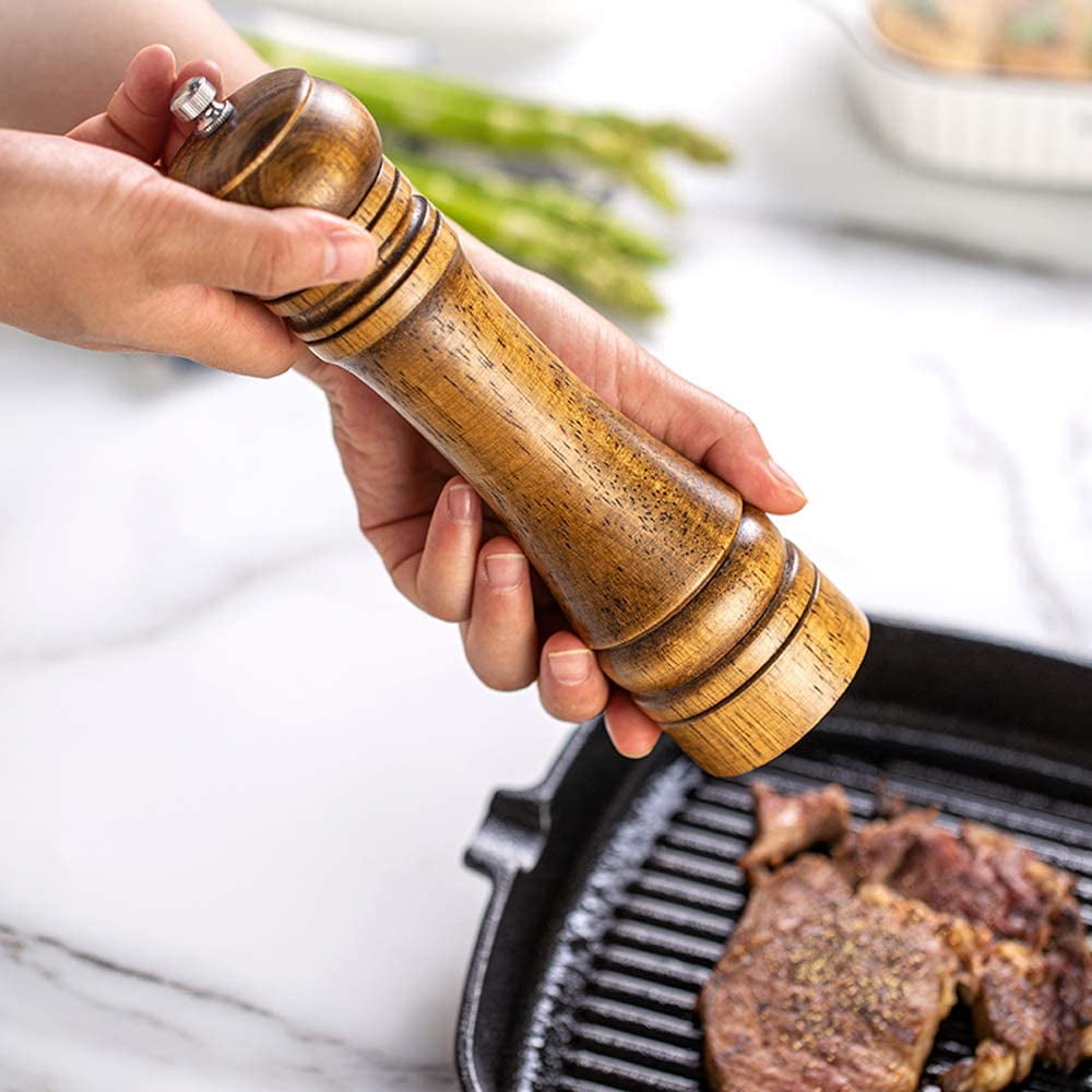 Oak Wood Salt and Pepper Grinder Set: Premium Mills Shakers with Adjustable Coarseness (Set of 2) - 5inch