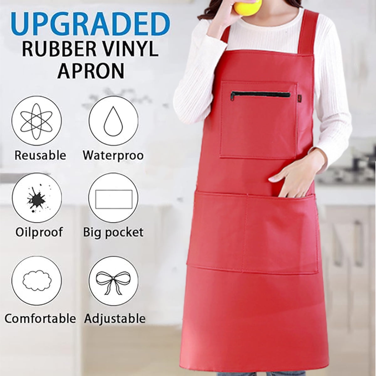 Waterproof Rubber Vinyl Apron - Heavy Duty Model - Stay Dry - Industrial Chemical Resistant Plastic - Leather Apron for Kitchen, Cooking, Dishwashing, Dog Grooming - Black Red