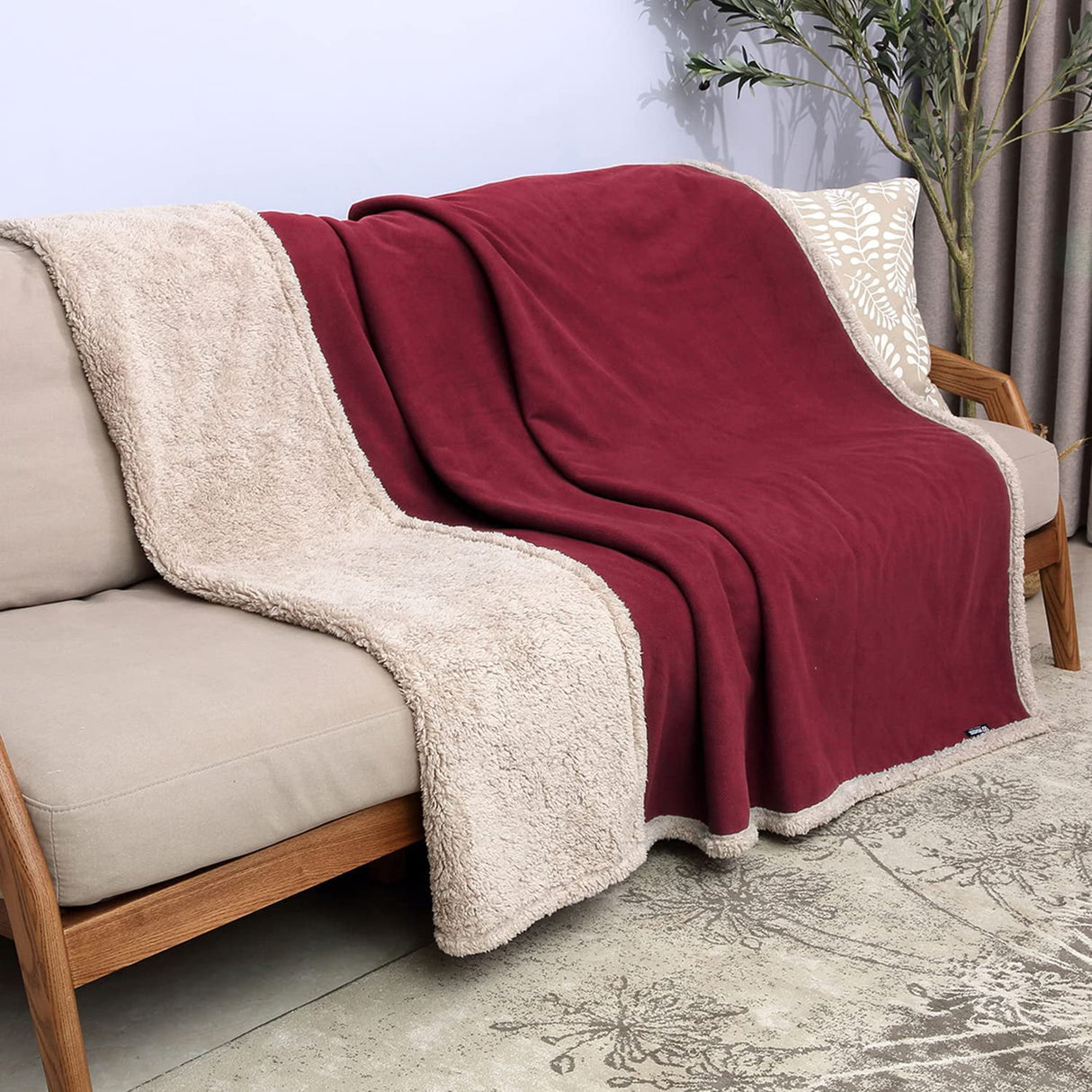Waterproof Pet Blanket, Pee Urine Proof Dog Blanket Cover for Couch Bed Furniture Protector, Liquid Proof Blanket for Small Medium Dogs, Buffale Red/Tuape, 50” x 60”. Wine/Tuape