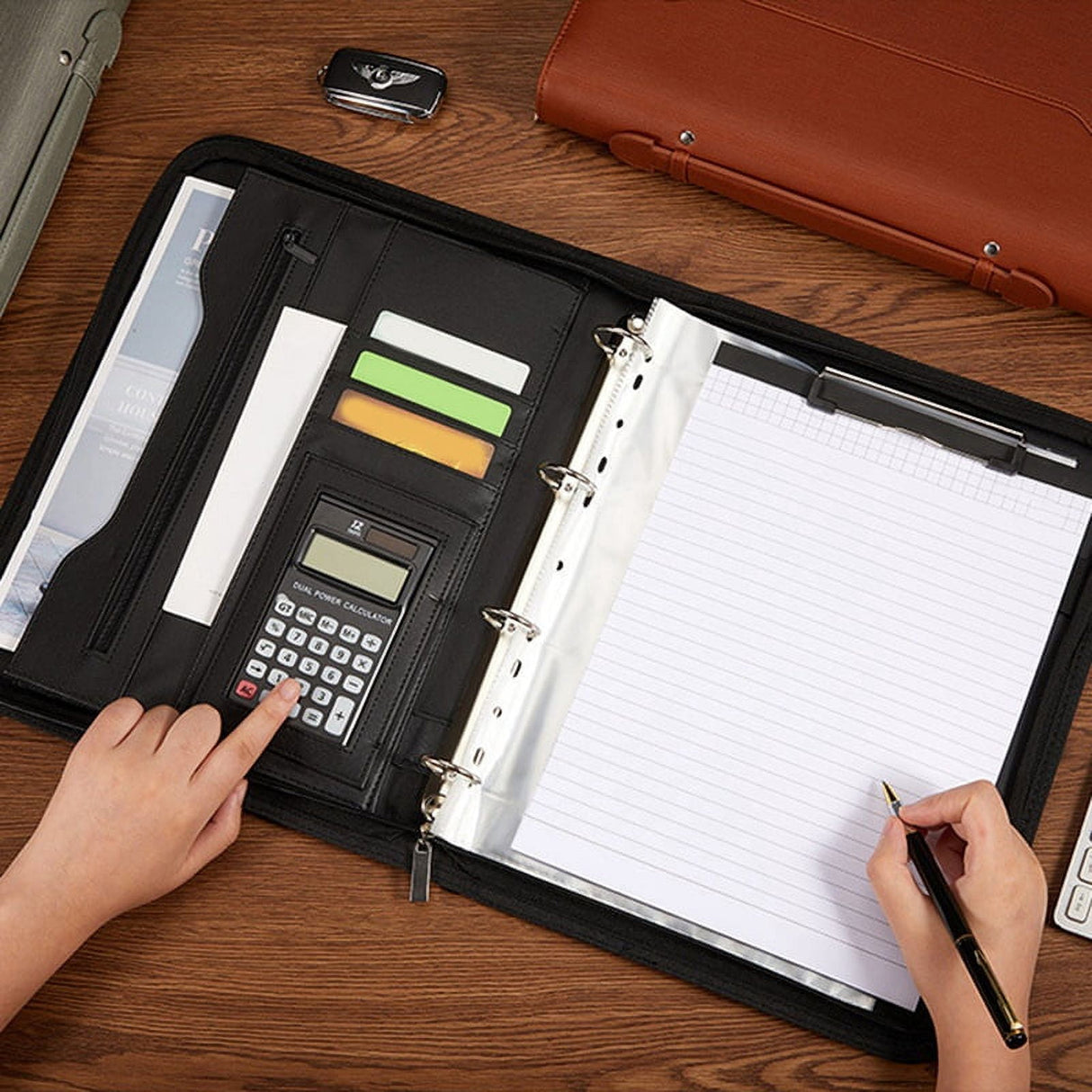 Zippered Portfolio Organizer, Leather Padfolio Binder, Professional Business Binder, Organizer for /Document (Brown)