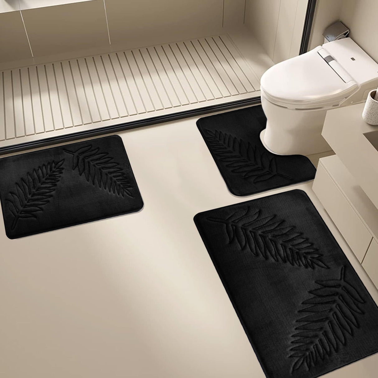 3 Pcs Bathroom Rugs, Leaves Bath Mat Toilet Mats, Soft Comfortable Non-Slip Bathroom Rug Set, Bath Mats for Bathroom, Machine Washable Bath Mat Bathroom Rug Sets, 20x31.5in, Black 3pc Gray