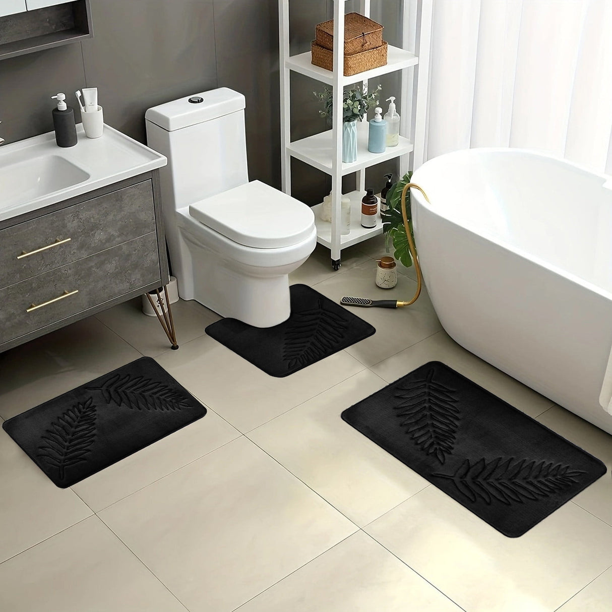 3 Pcs Bathroom Rugs, Leaves Bath Mat Toilet Mats, Soft Comfortable Non-Slip Bathroom Rug Set, Bath Mats for Bathroom, Machine Washable Bath Mat Bathroom Rug Sets, 20x31.5in, Black 3pc Green