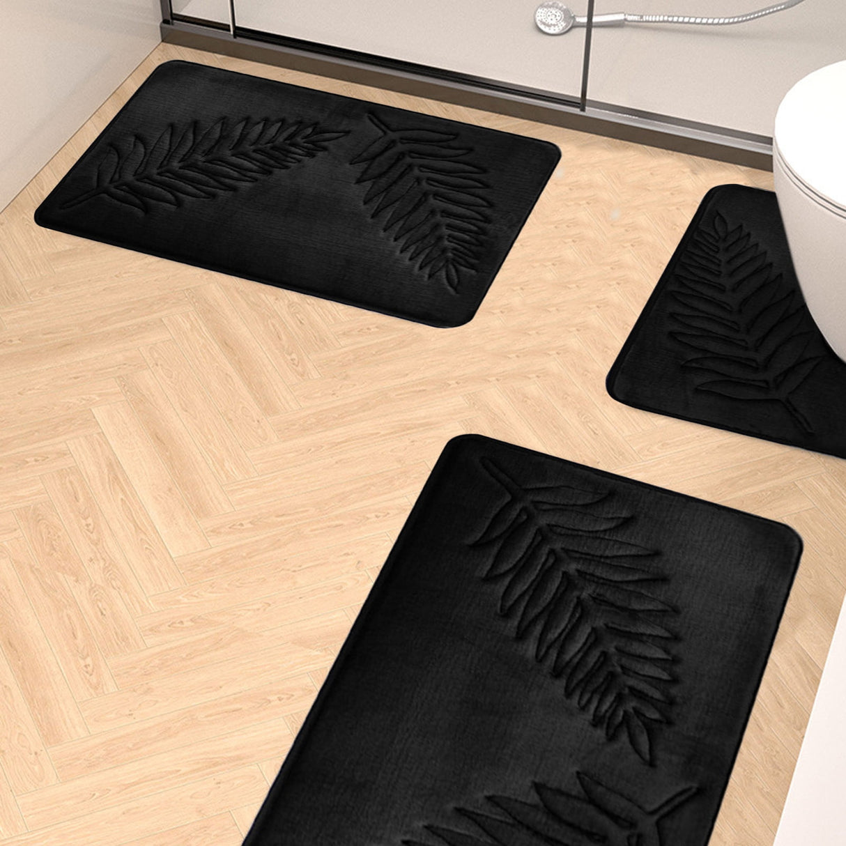 3 Pcs Bathroom Rugs, Leaves Bath Mat Toilet Mats, Soft Comfortable Non-Slip Bathroom Rug Set, Bath Mats for Bathroom, Machine Washable Bath Mat Bathroom Rug Sets, 20x31.5in, Black 3pc Green
